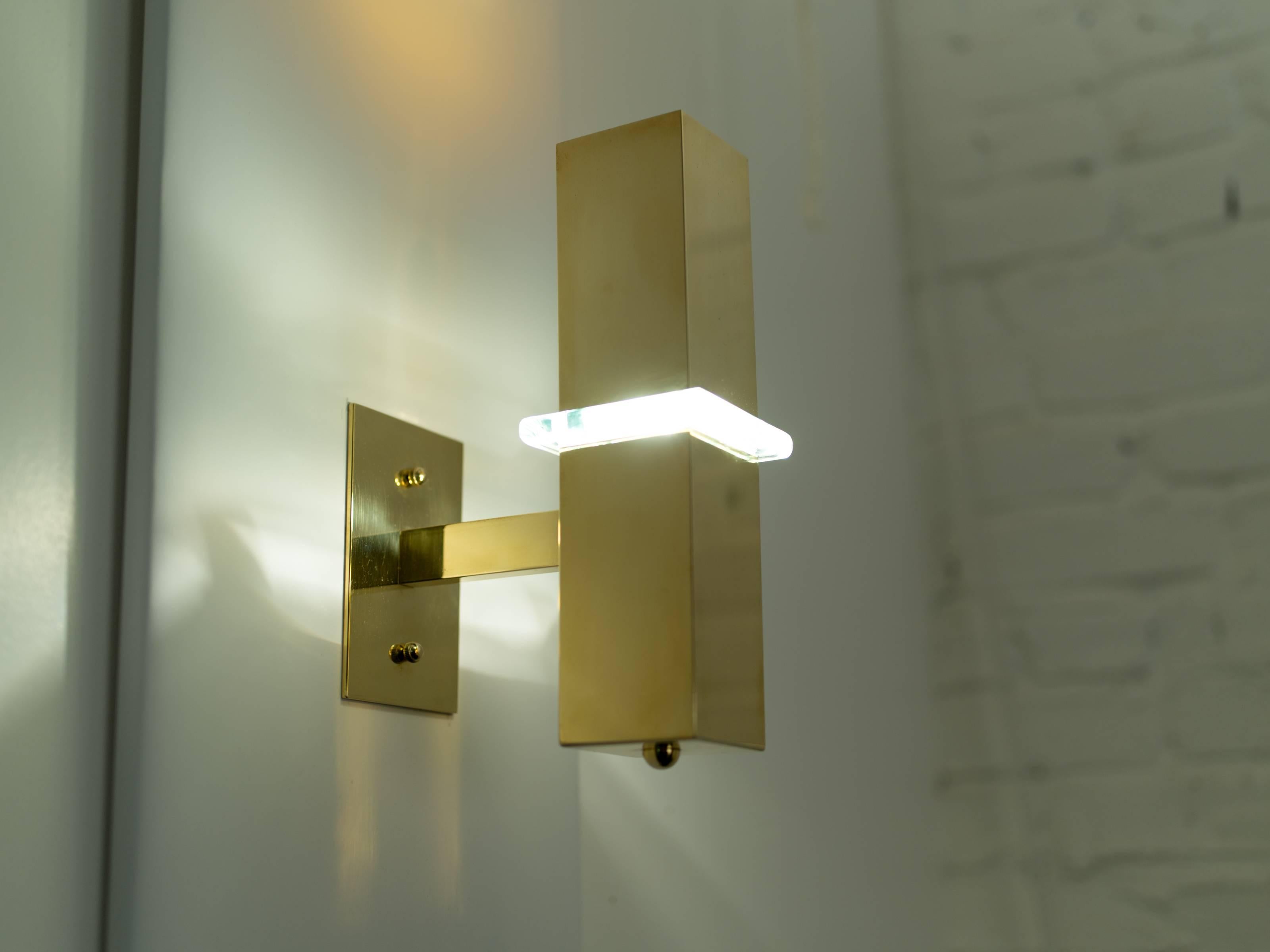 Contemporary Pair of Modern Brass and Glass Sconces For Sale