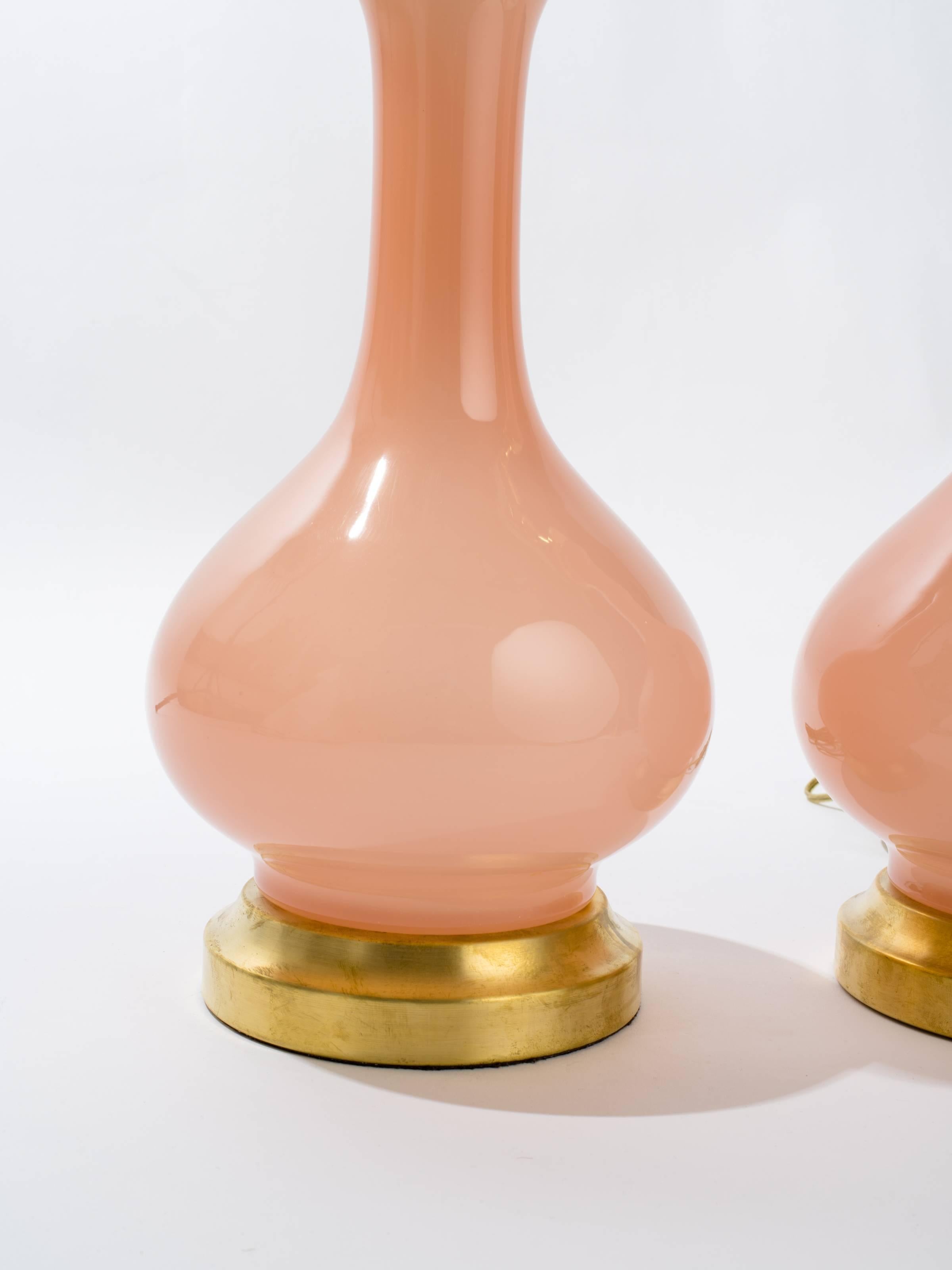 Italian Pink Murano Glass and Brass Table Lamps For Sale