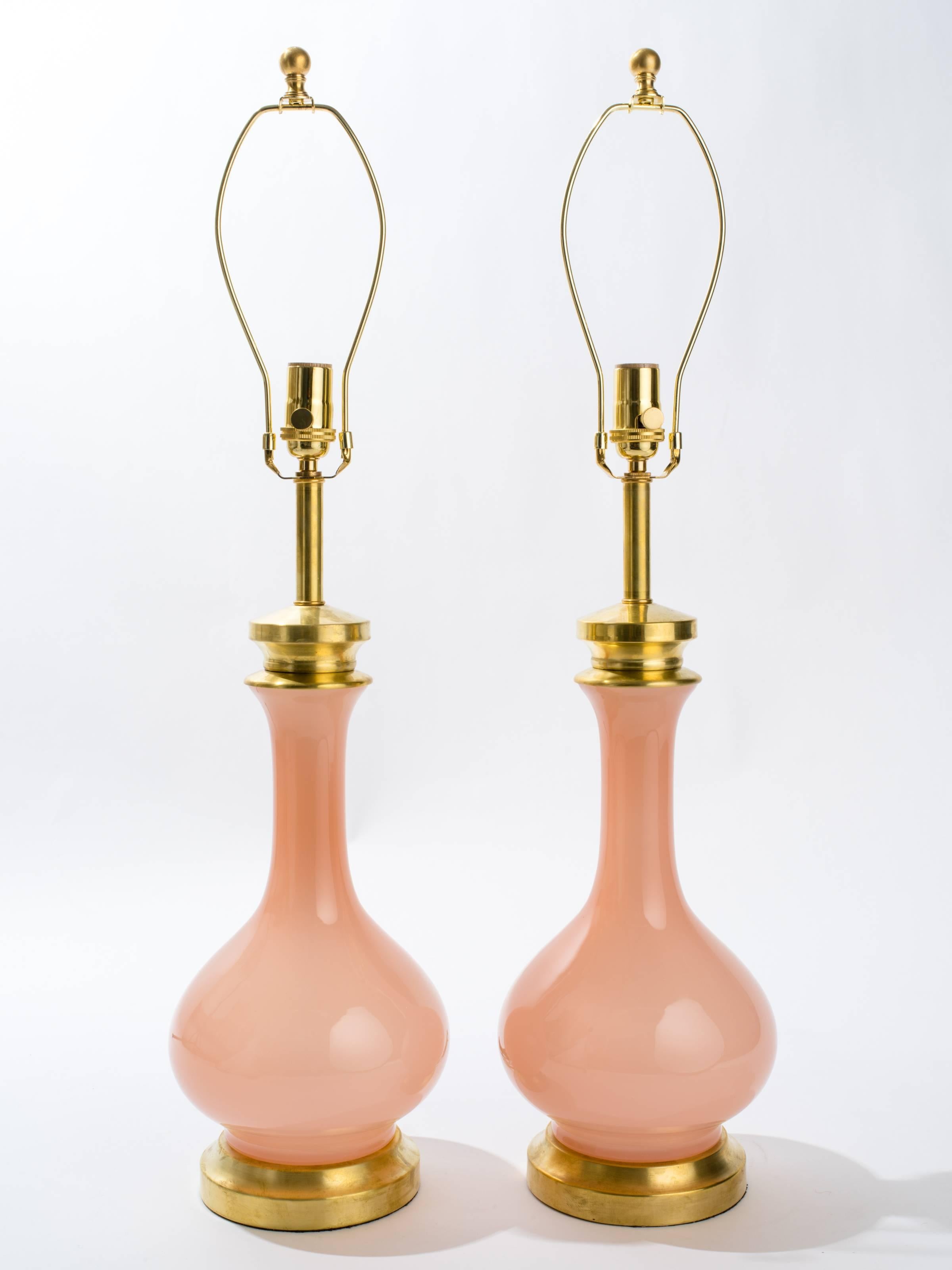 Hand-Crafted Pink Murano Glass and Brass Table Lamps For Sale