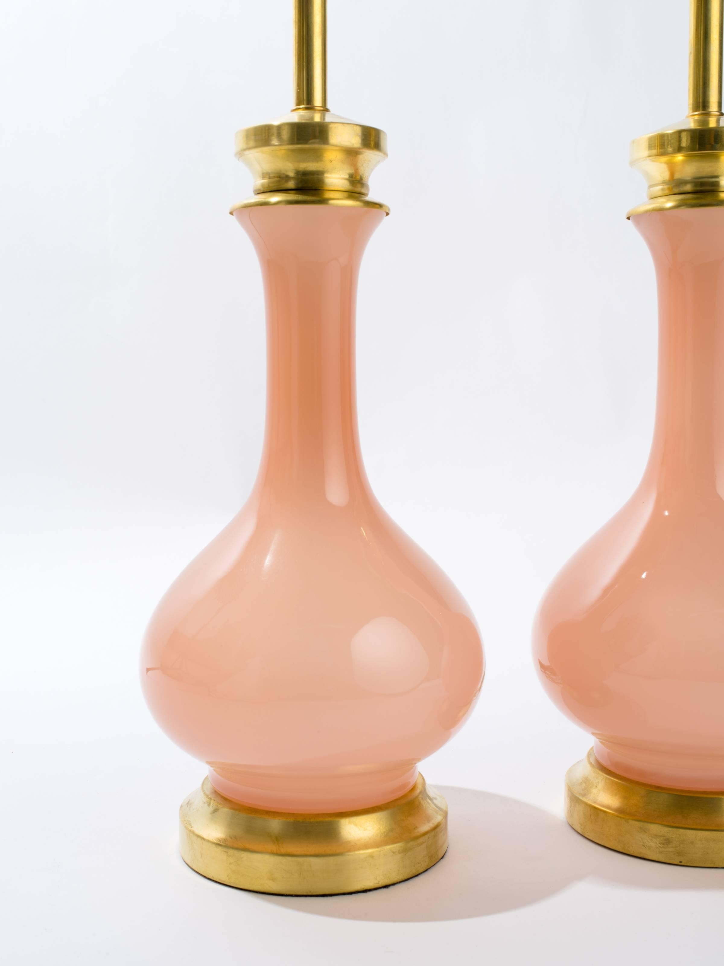 Pink Murano Glass and Brass Table Lamps In Good Condition For Sale In Tarrytown, NY