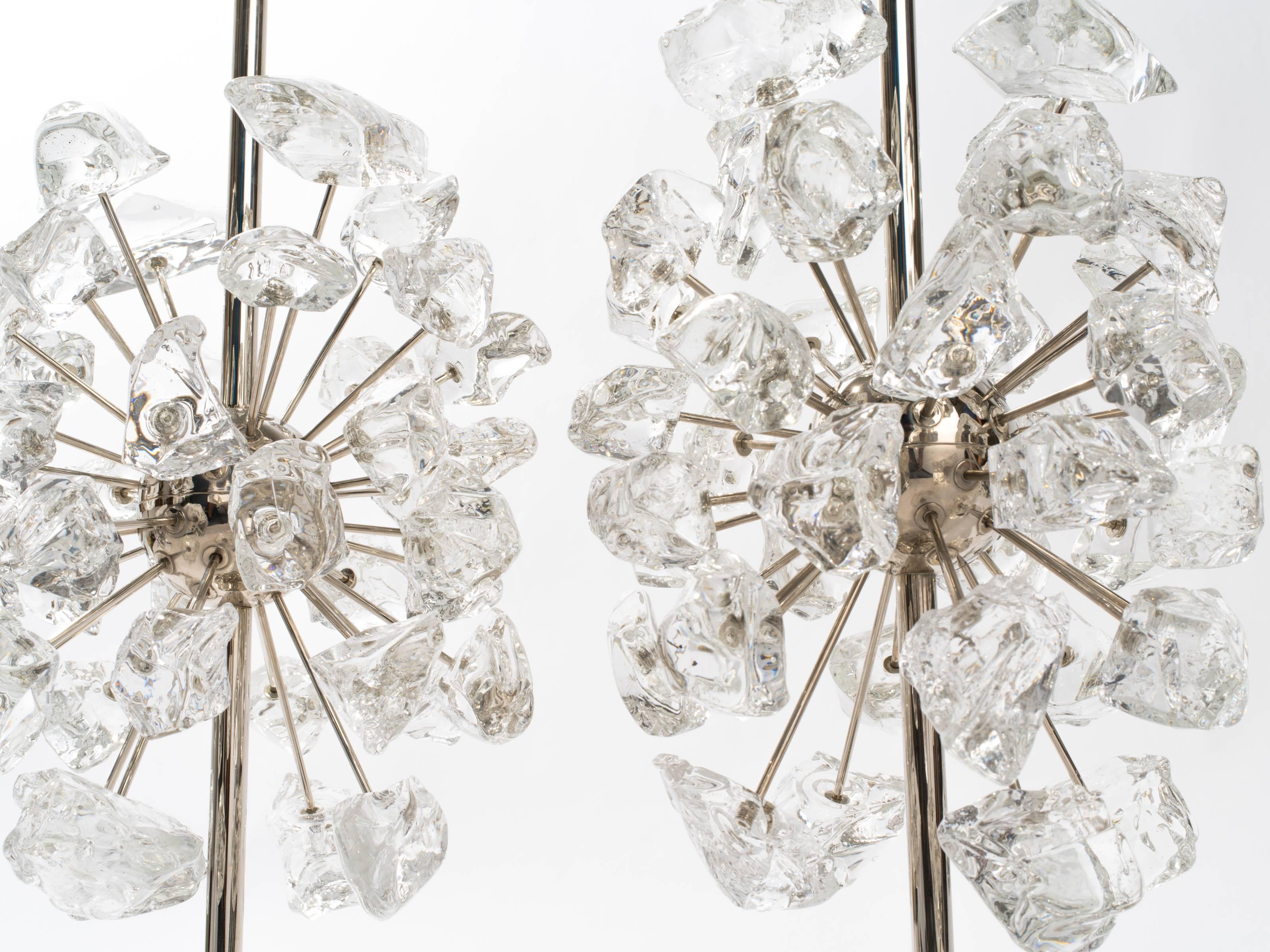 Pair of hand torched glass Sputnik lamps.
Solid nickel-plated brass hardware with a three-way switch.
One of a kind.