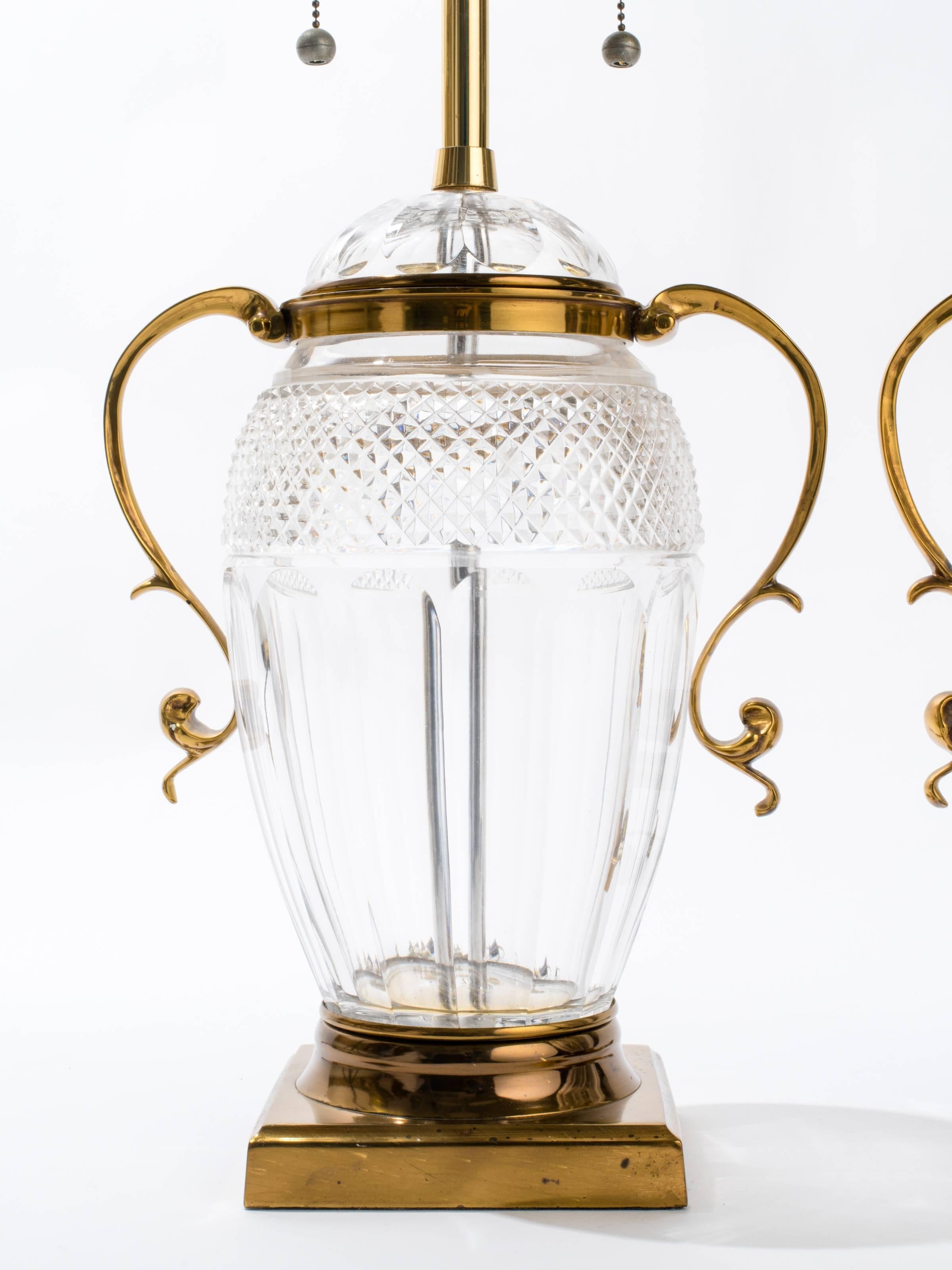 Pair of Brass and Cut-Glass Urn Table Lamps In Good Condition In Tarrytown, NY