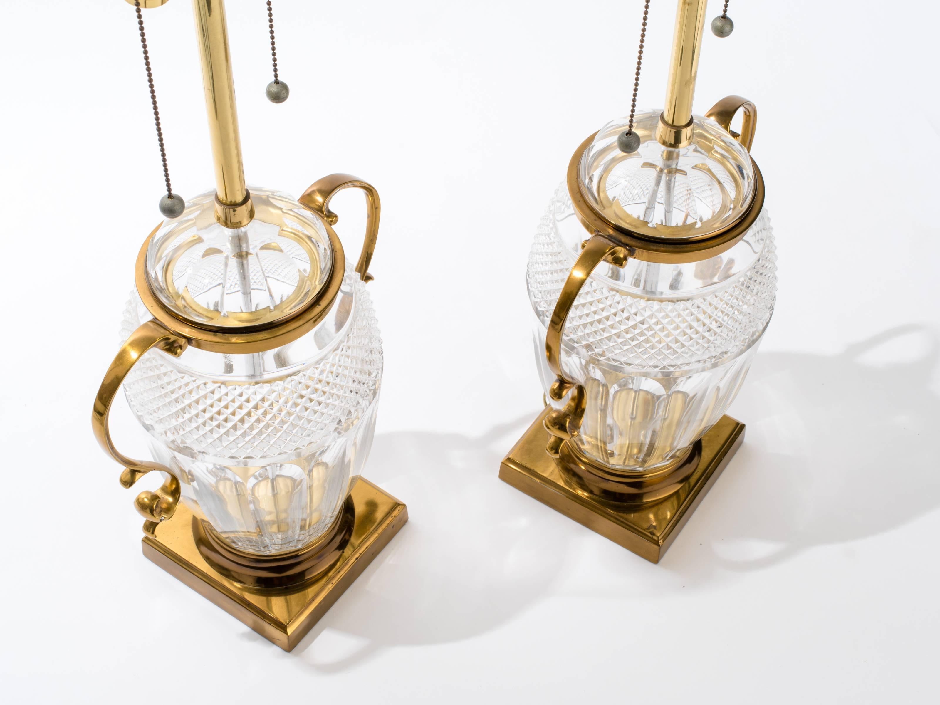 American Pair of Brass and Cut-Glass Urn Table Lamps