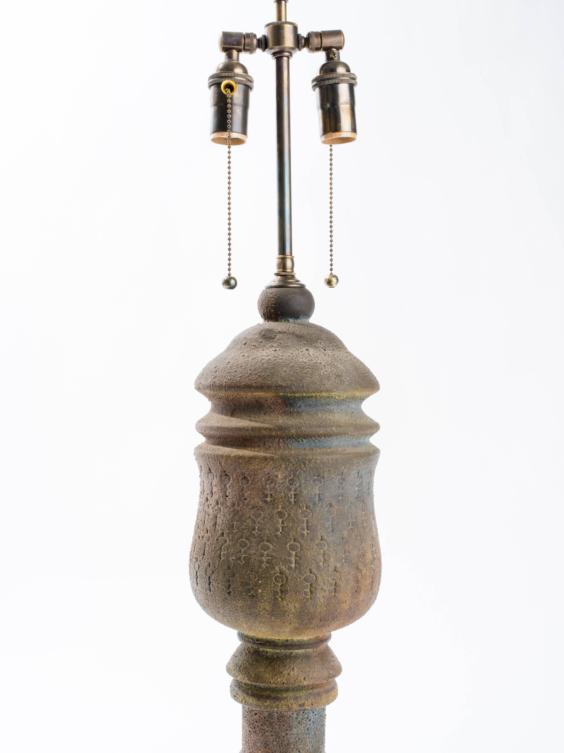 Volcanic glaze pottery lamp with incised design.
Rewired with new pull chain sockets.
Solid wood base.