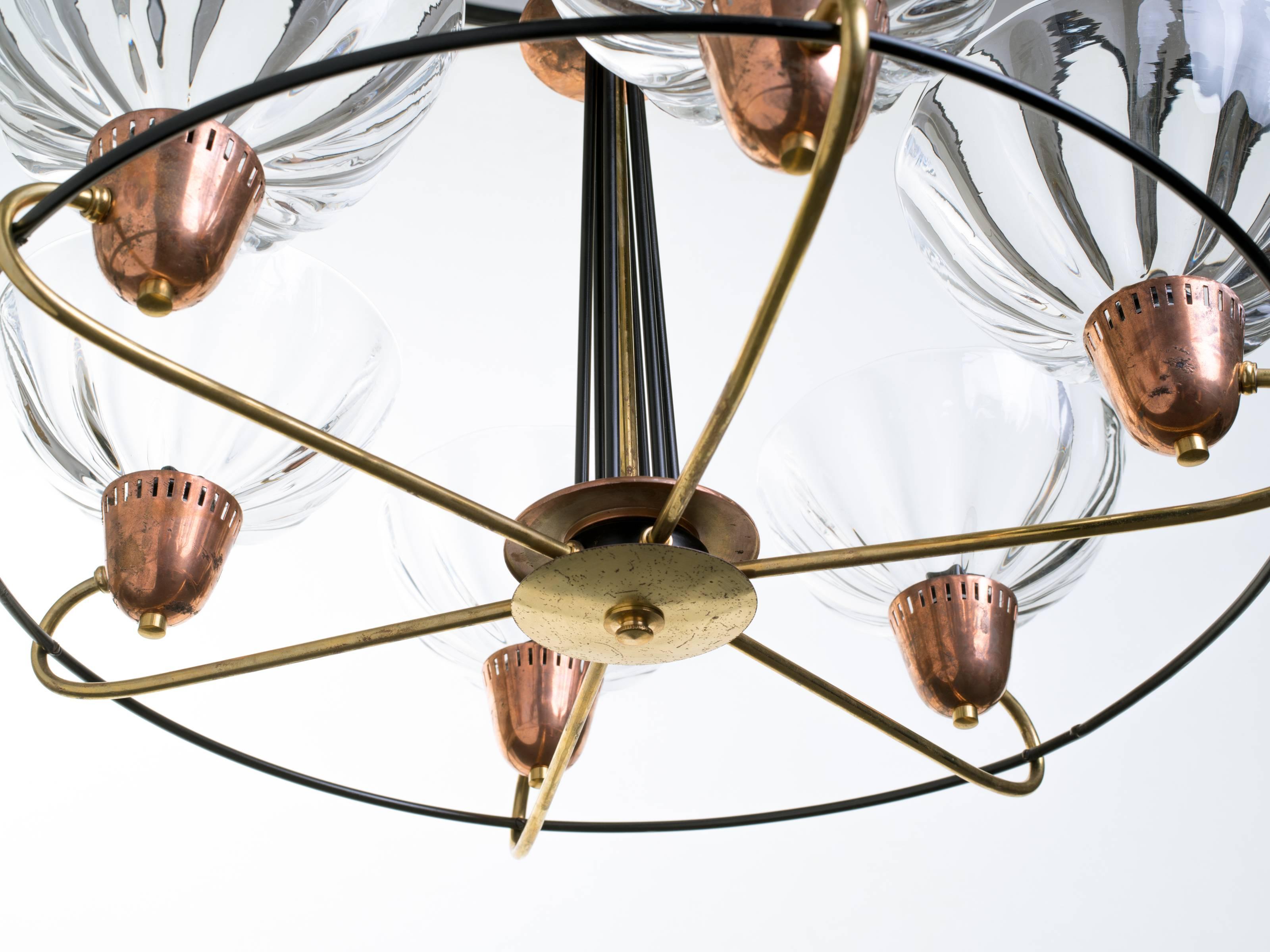 Italian Brass Copper Blown Glass Chandelier For Sale 1