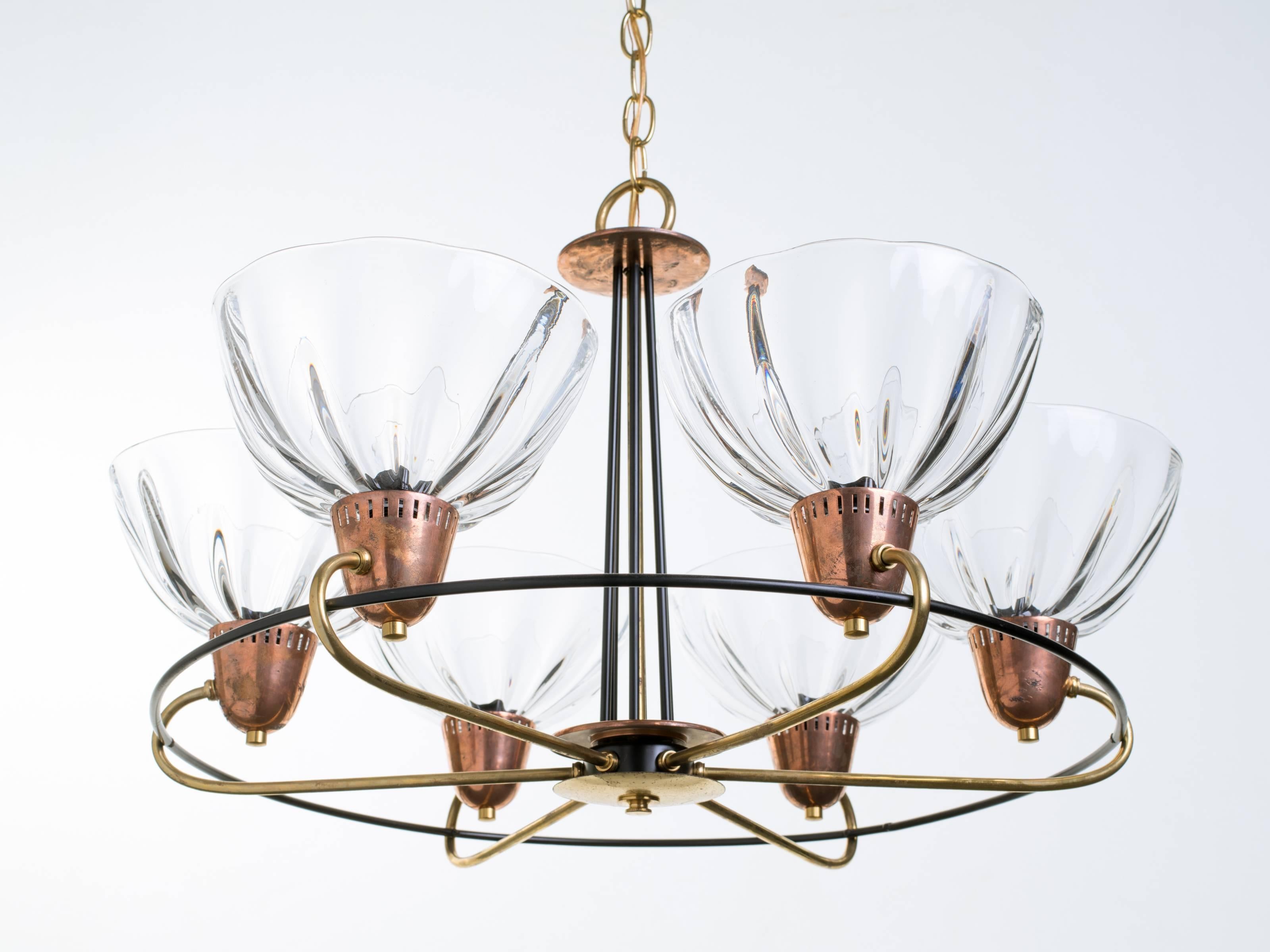 Italian Brass Copper Blown Glass Chandelier For Sale 3