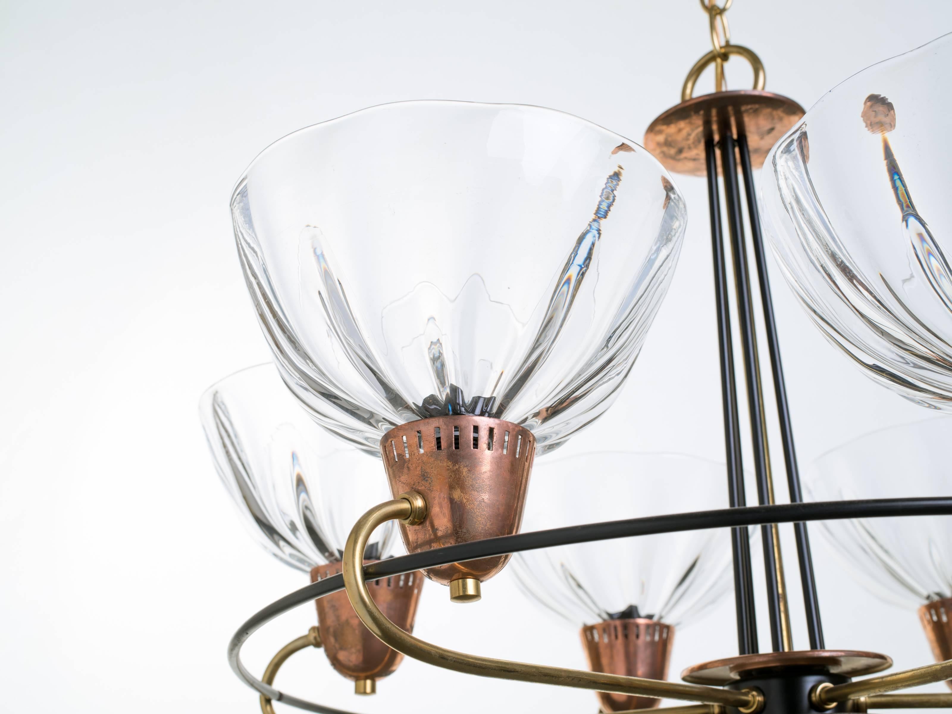 Italian Brass Copper Blown Glass Chandelier 4