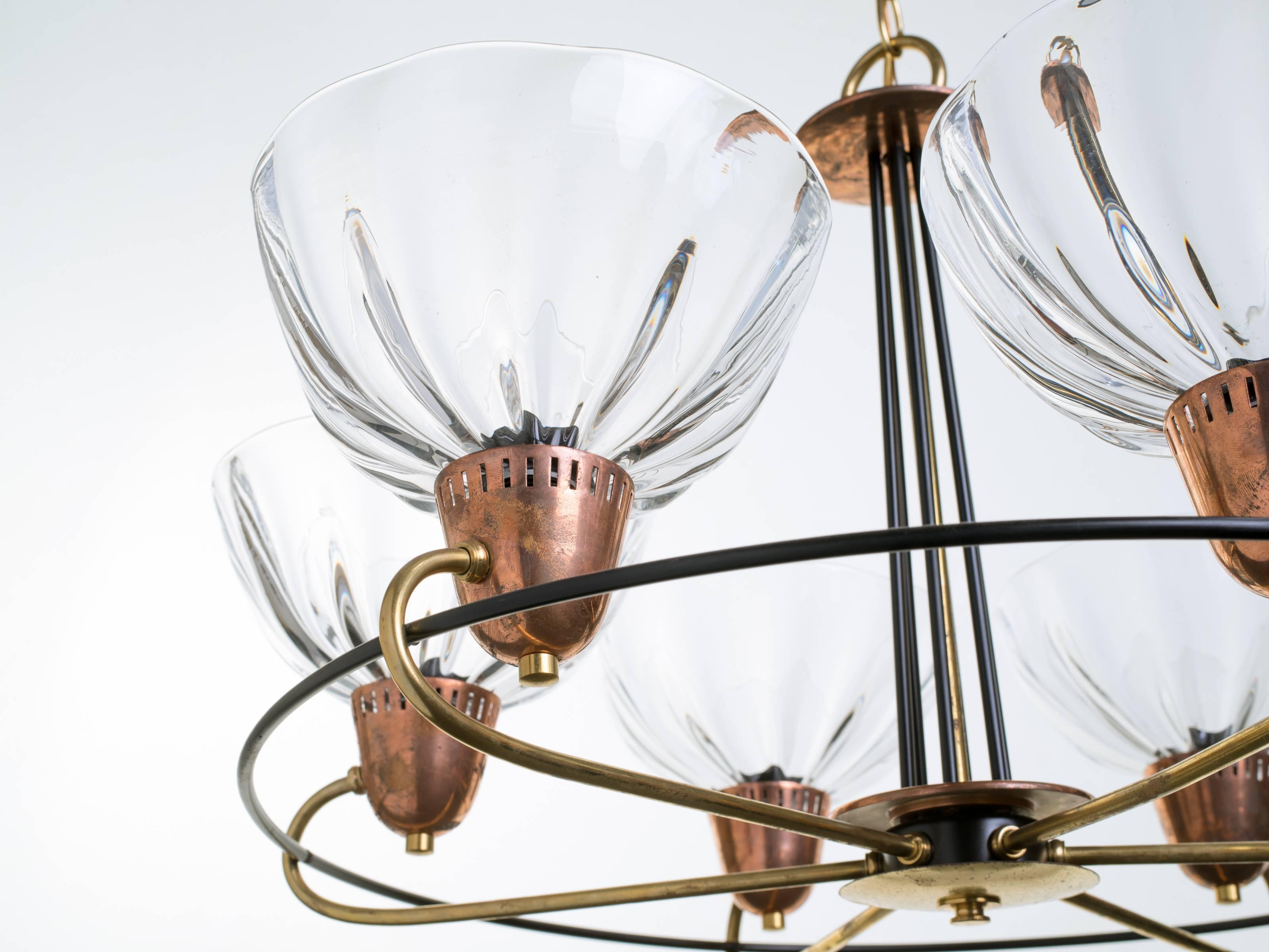 Italian Brass Copper Blown Glass Chandelier For Sale 5