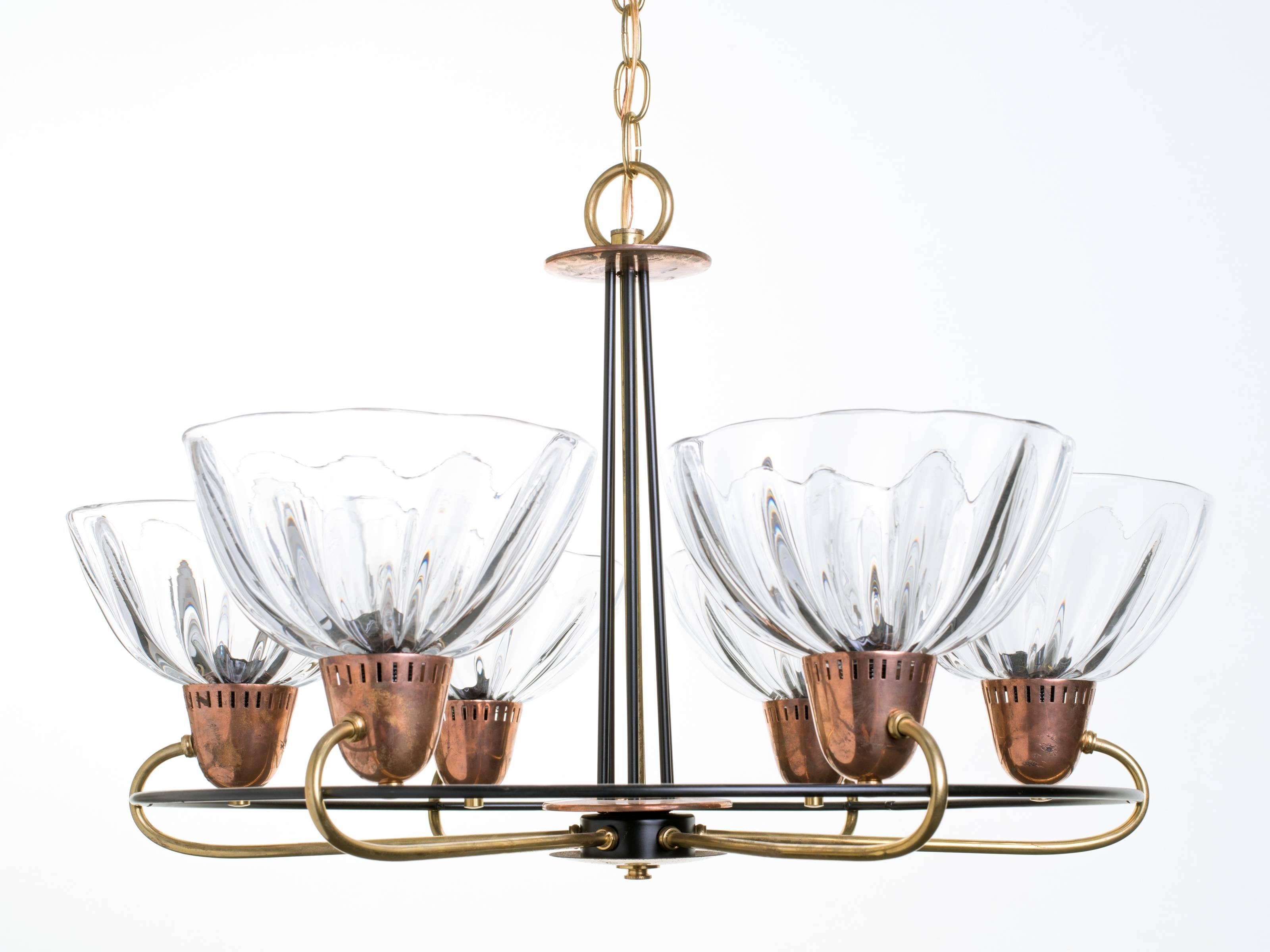 Italian Brass Copper Blown Glass Chandelier 2