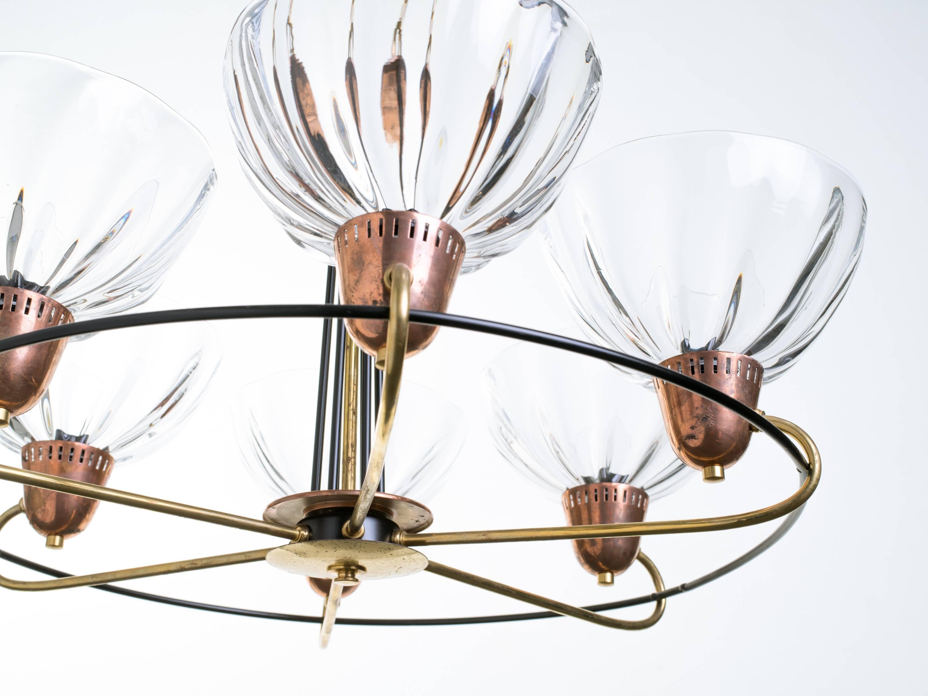 20th Century Italian Brass Copper Blown Glass Chandelier For Sale