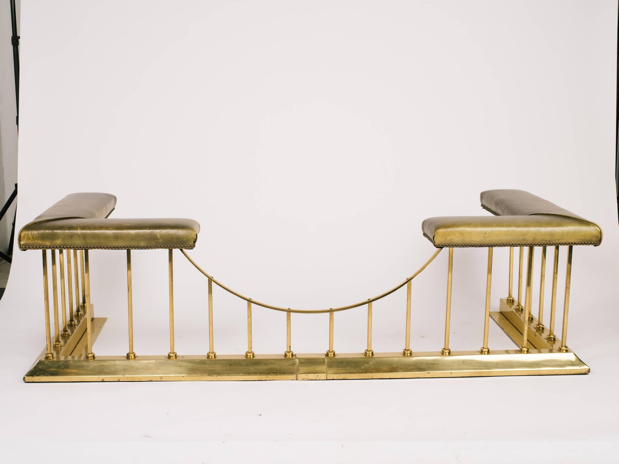 1880s English Brass and Leather Fire Place Fender Bench In Good Condition In Tarrytown, NY