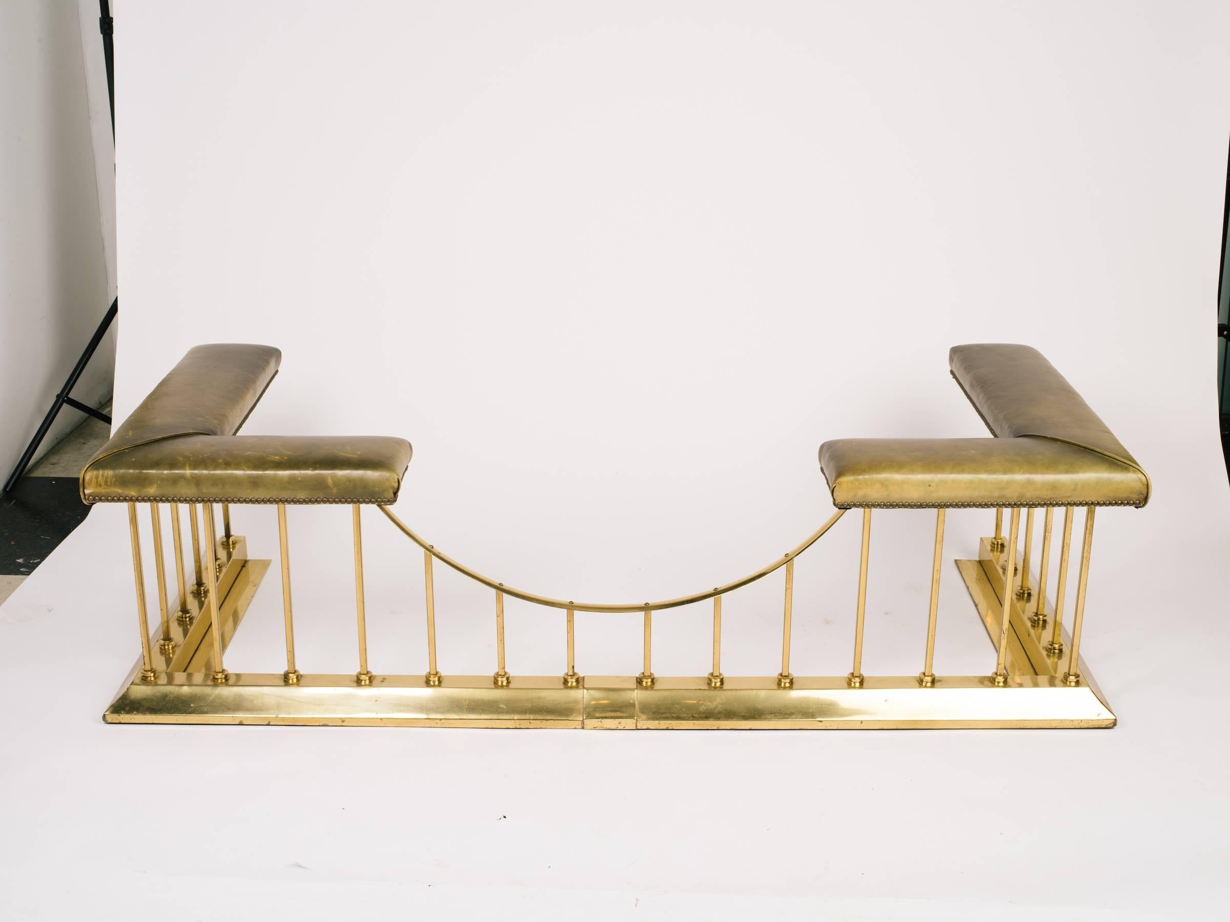 Late 19th Century 1880s English Brass and Leather Fire Place Fender Bench