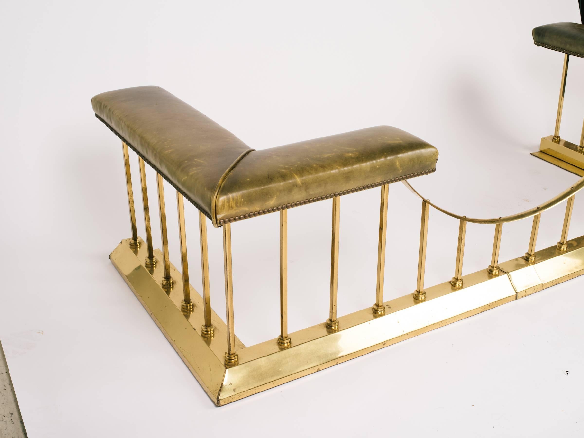 1880s English Brass and Leather Fire Place Fender Bench 1