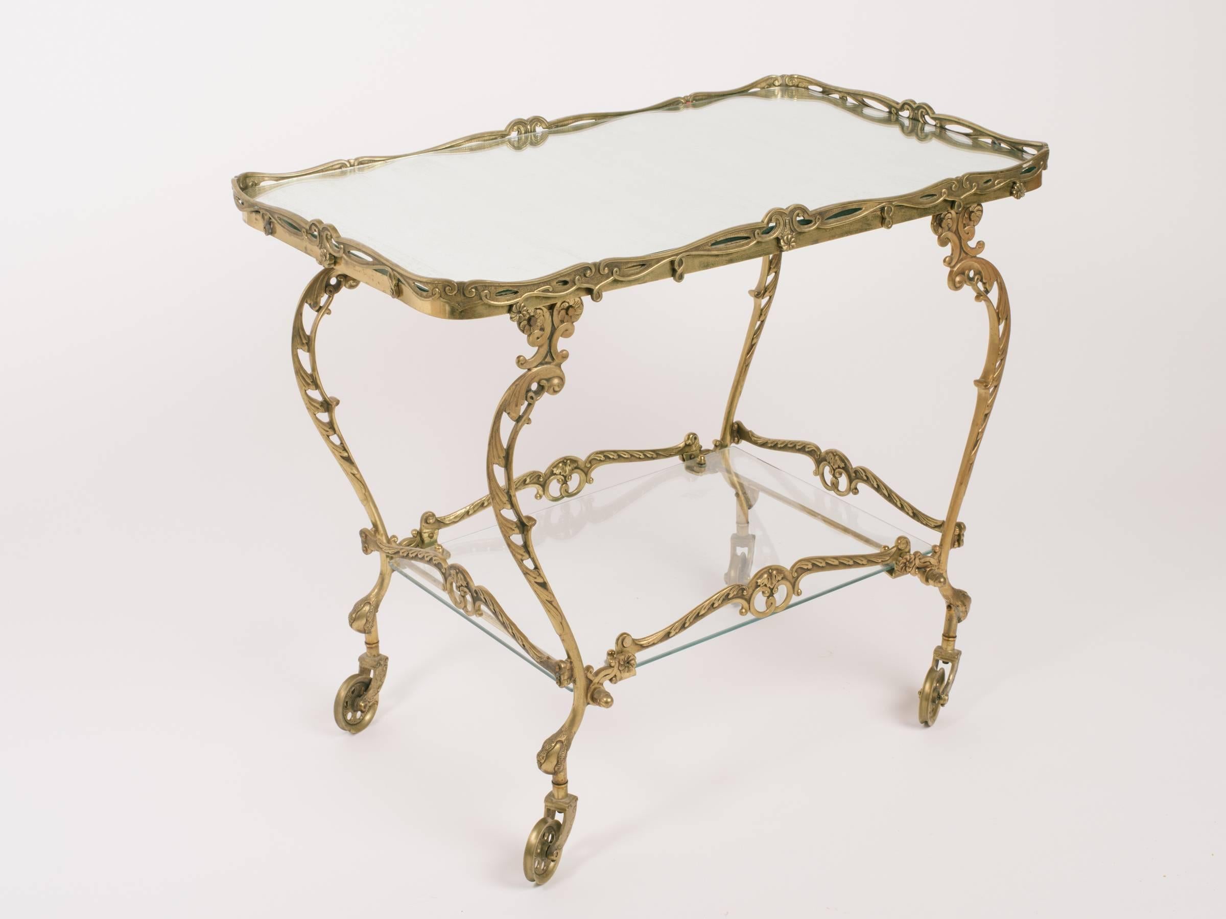 1950s Art Nouveau Style Brass Tea Cart from Saks In Good Condition In Tarrytown, NY