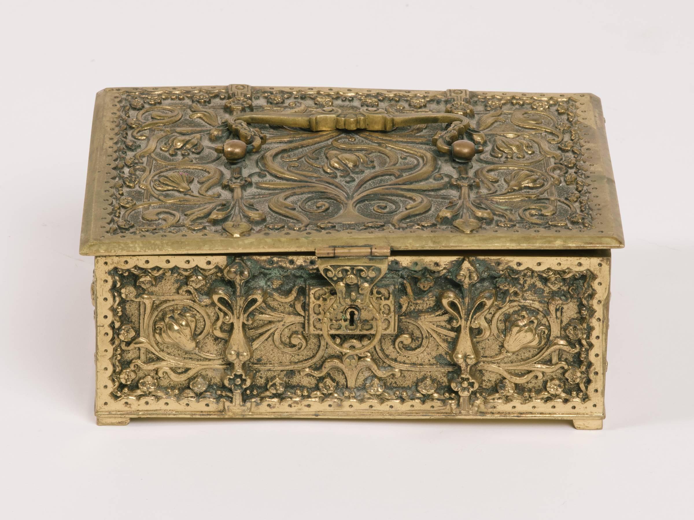 Late 19th Century 1880s English Brass Gothic Box with Handle For Sale