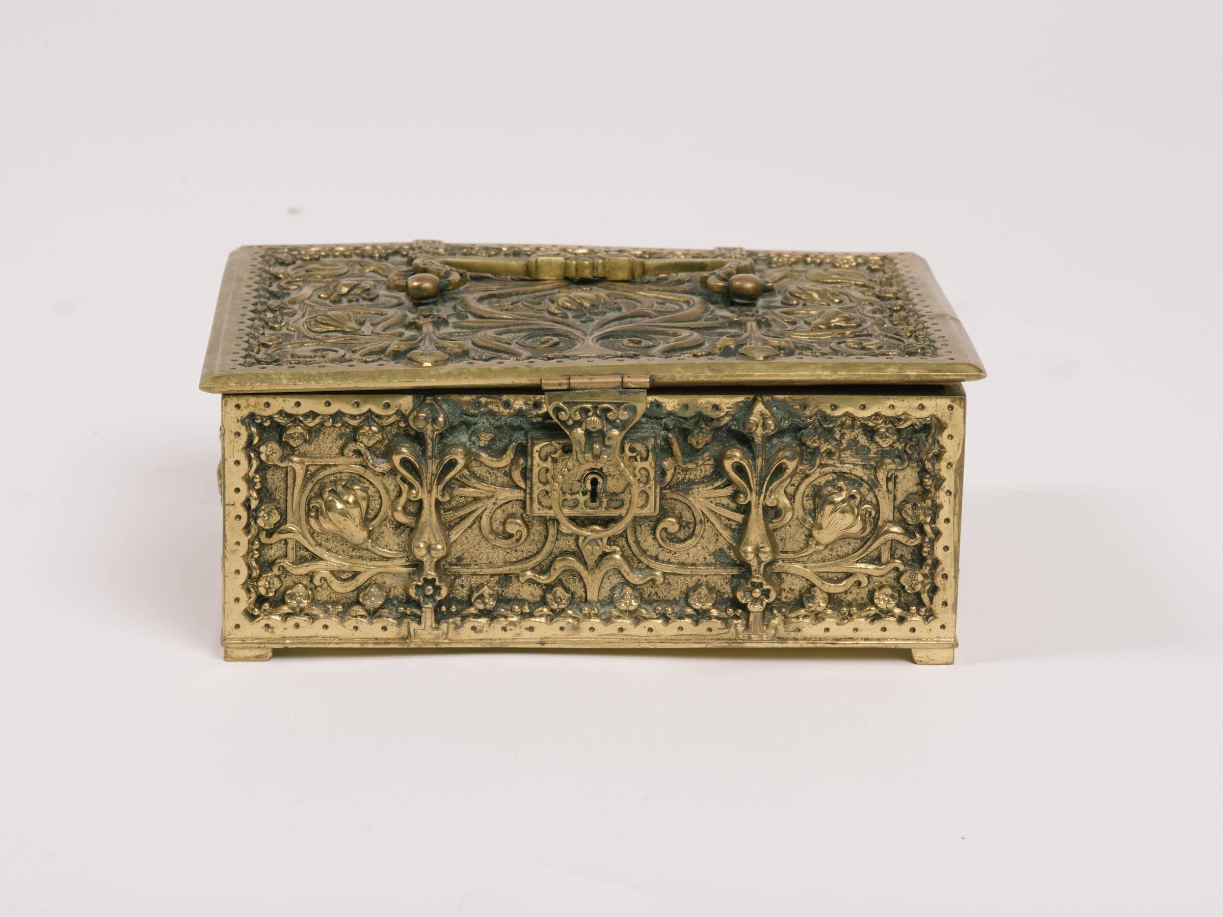 1880s English brass Gothic box with handle.