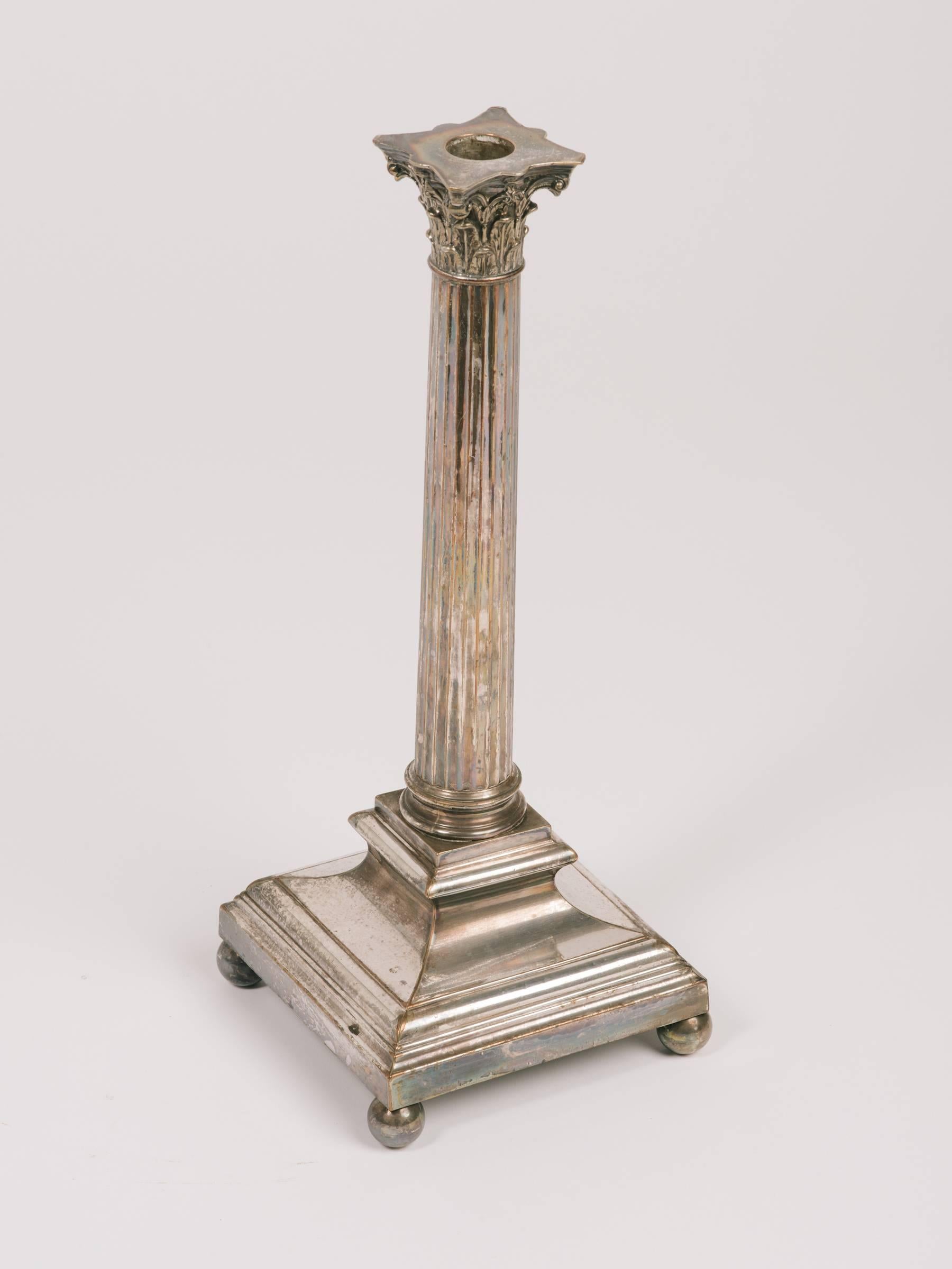 Late 19th Century Pair of Large 1880s English Silver Plate Column Candlesticks