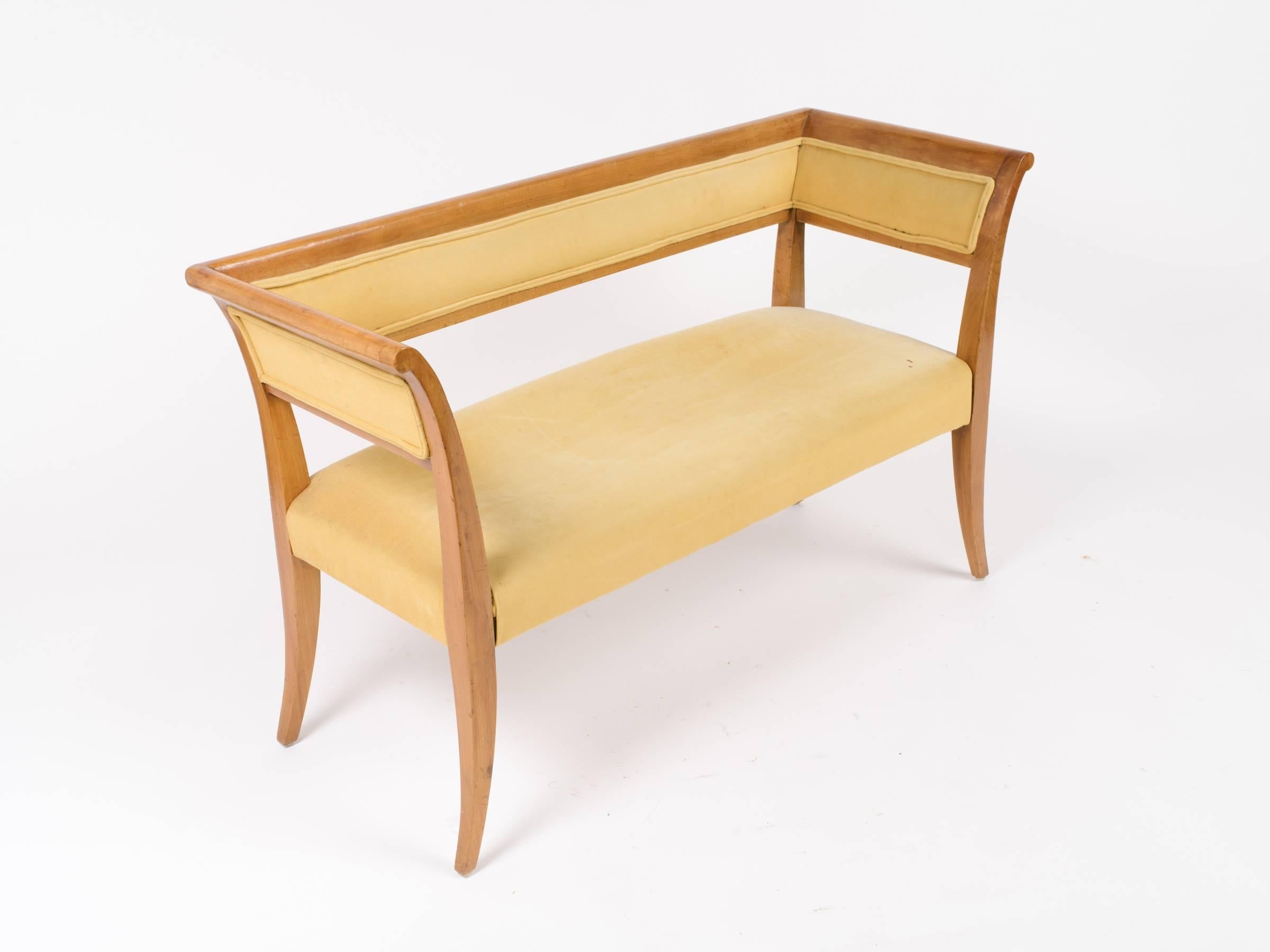 Very chic midcentury bench with sleek lines. In original upholstery.