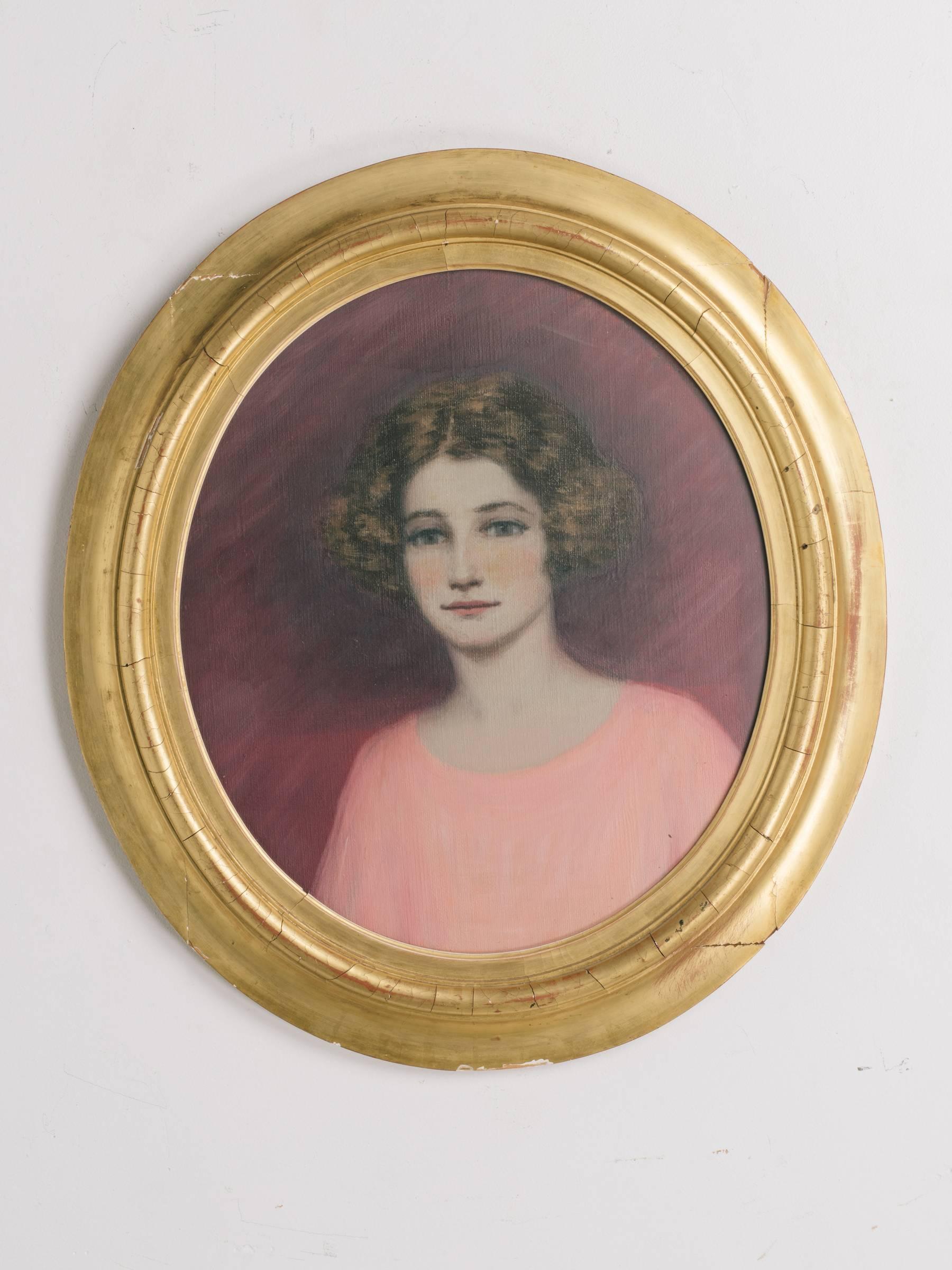 1910 portrait of lady, oil on canvas under glass.