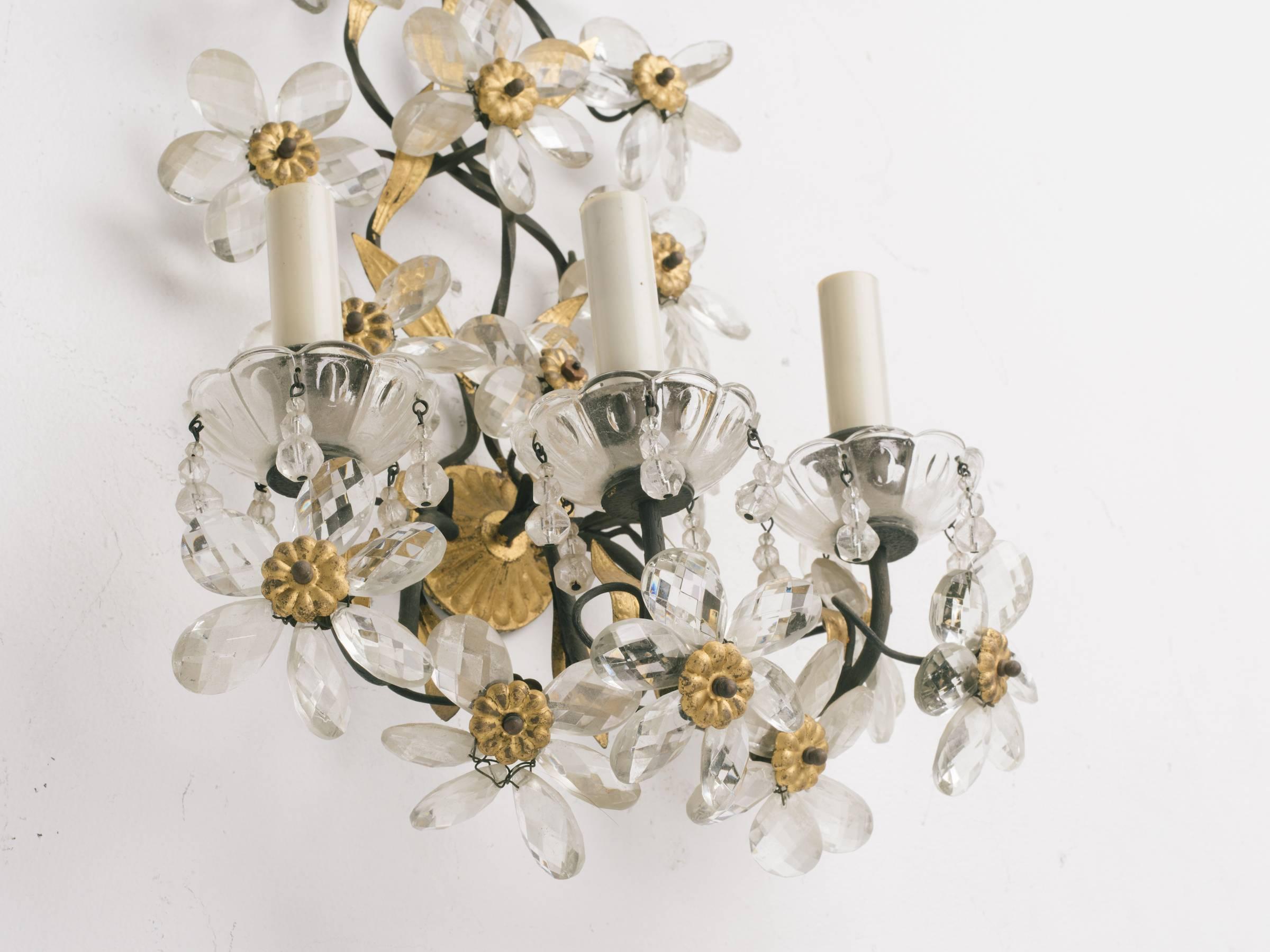 1950s Italian Crystal and Gilt Metal Floral Sconces In Good Condition In Tarrytown, NY