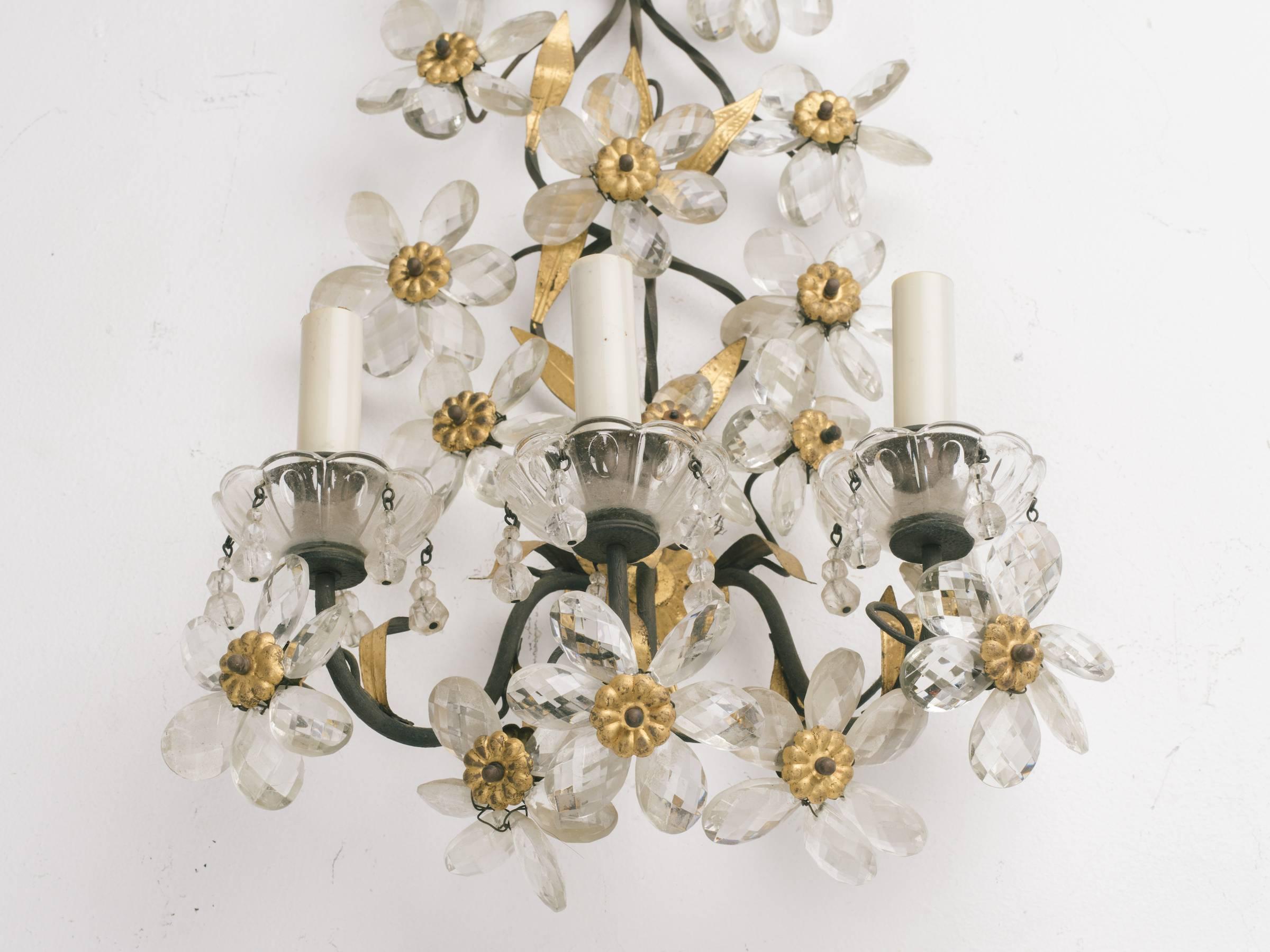 Mid-20th Century 1950s Italian Crystal and Gilt Metal Floral Sconces