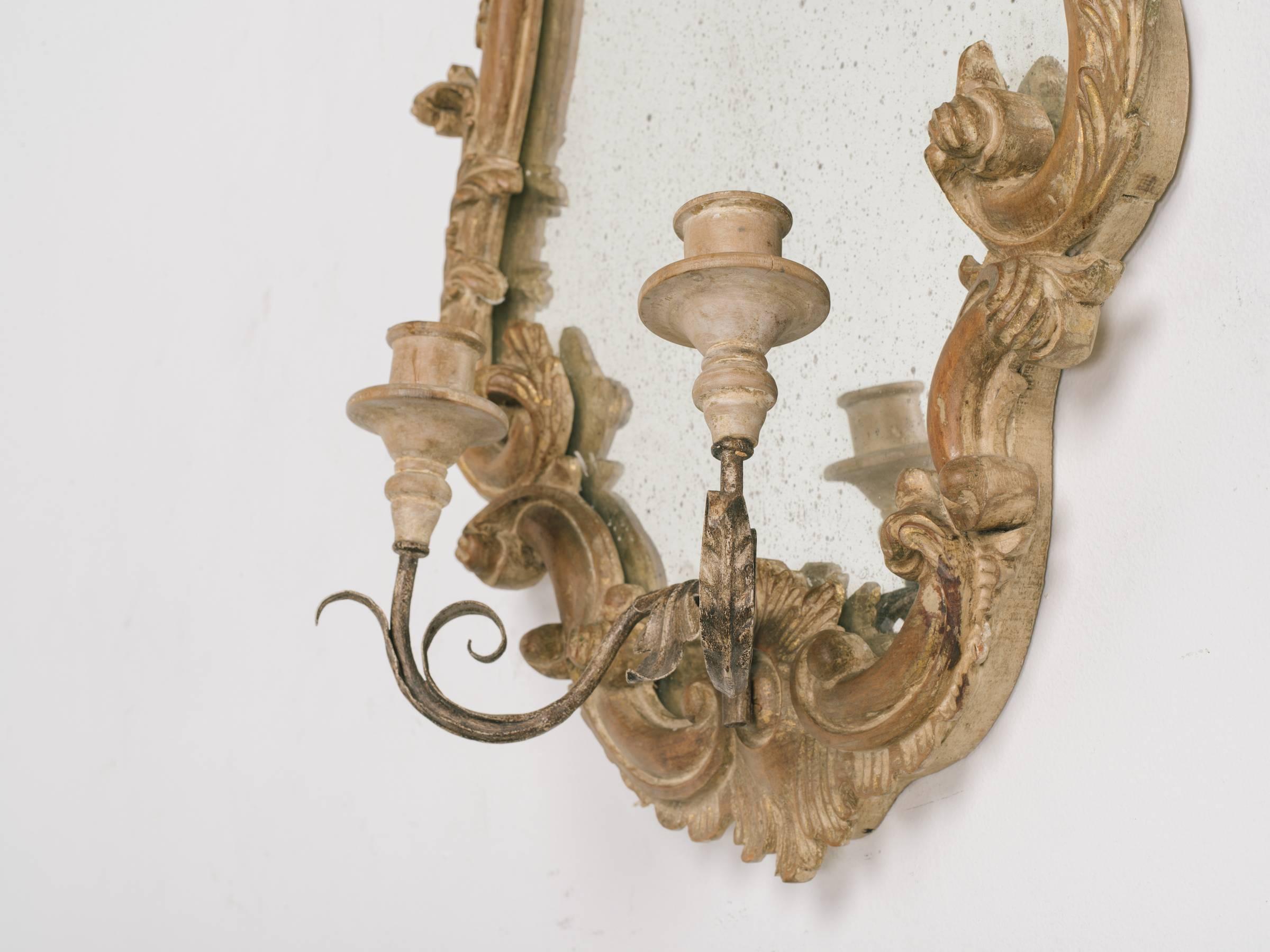 Mid-20th Century Pair of 1950s Italian Carved Wood Mirrors with Sconces
