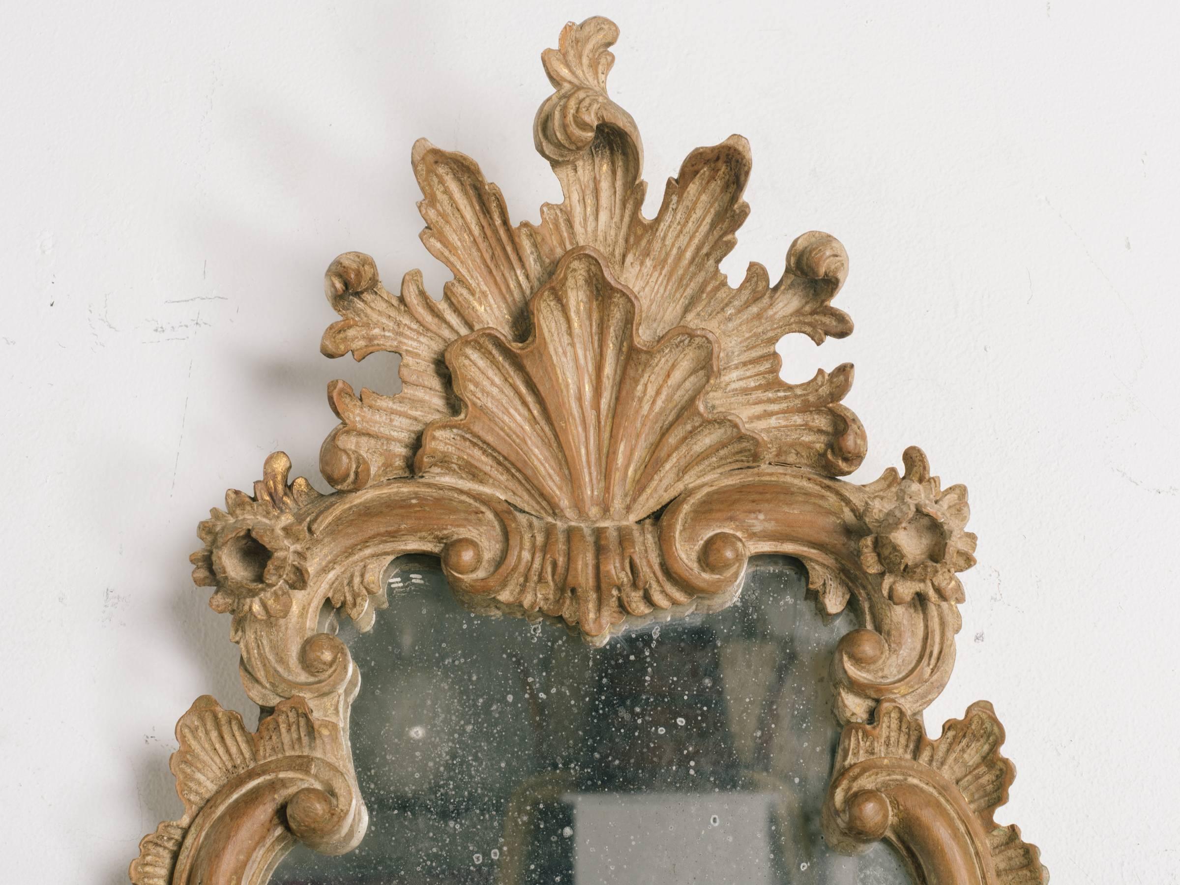 Pair of 1950s Italian Carved Wood Mirrors with Sconces 1