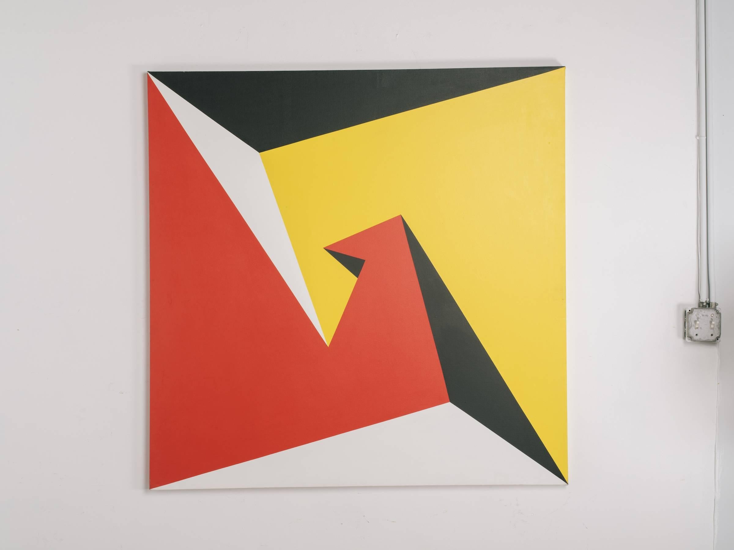 Large geometric painting, oil on canvas by Lore Behrendt, 1970s.