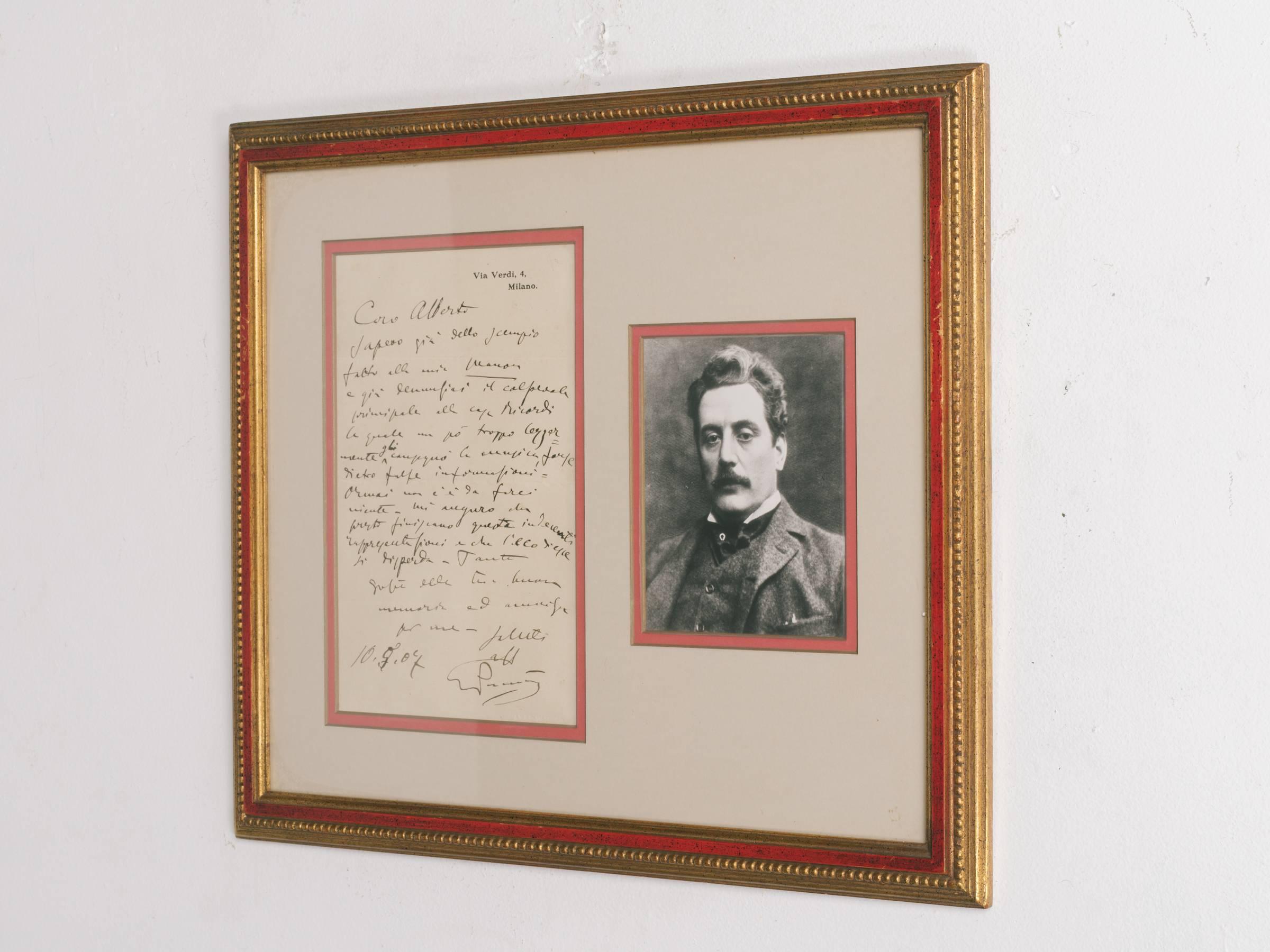 Giacomo Puccini autographed letter and envelope

 Street Verdi 4
 Milan
Dear Albert,
 I already knew of the mockery done to my Manon , and I already 
 denounced the main culprit to Ricordi Firm a bit too thoughtlessly delivered to him the