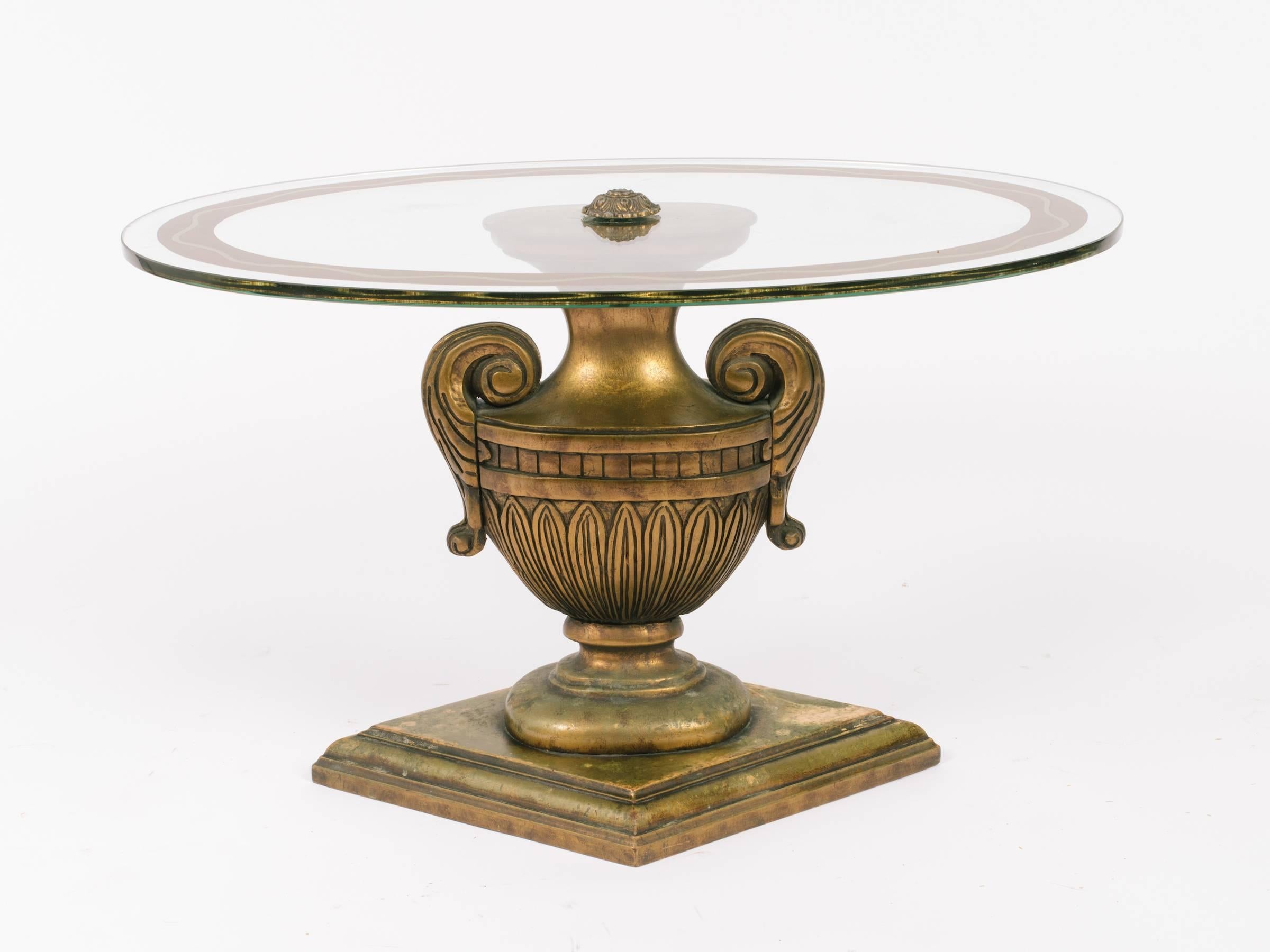 Pair of 1950s, Italian carved wood urn side tables. Glass tops have an etched painted trim.