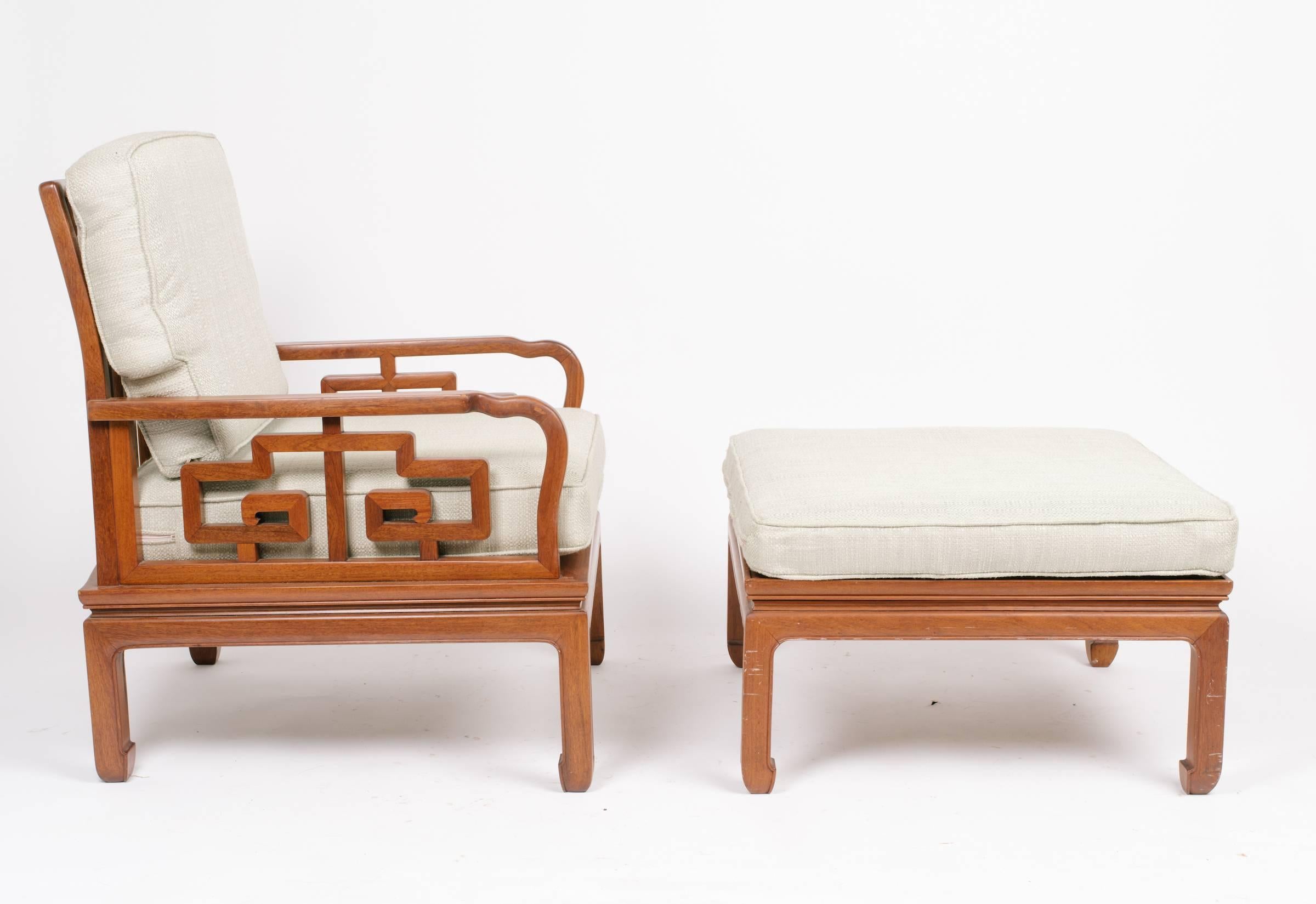 Pair of Asian chairs and matching ottomans from the 1960s.
