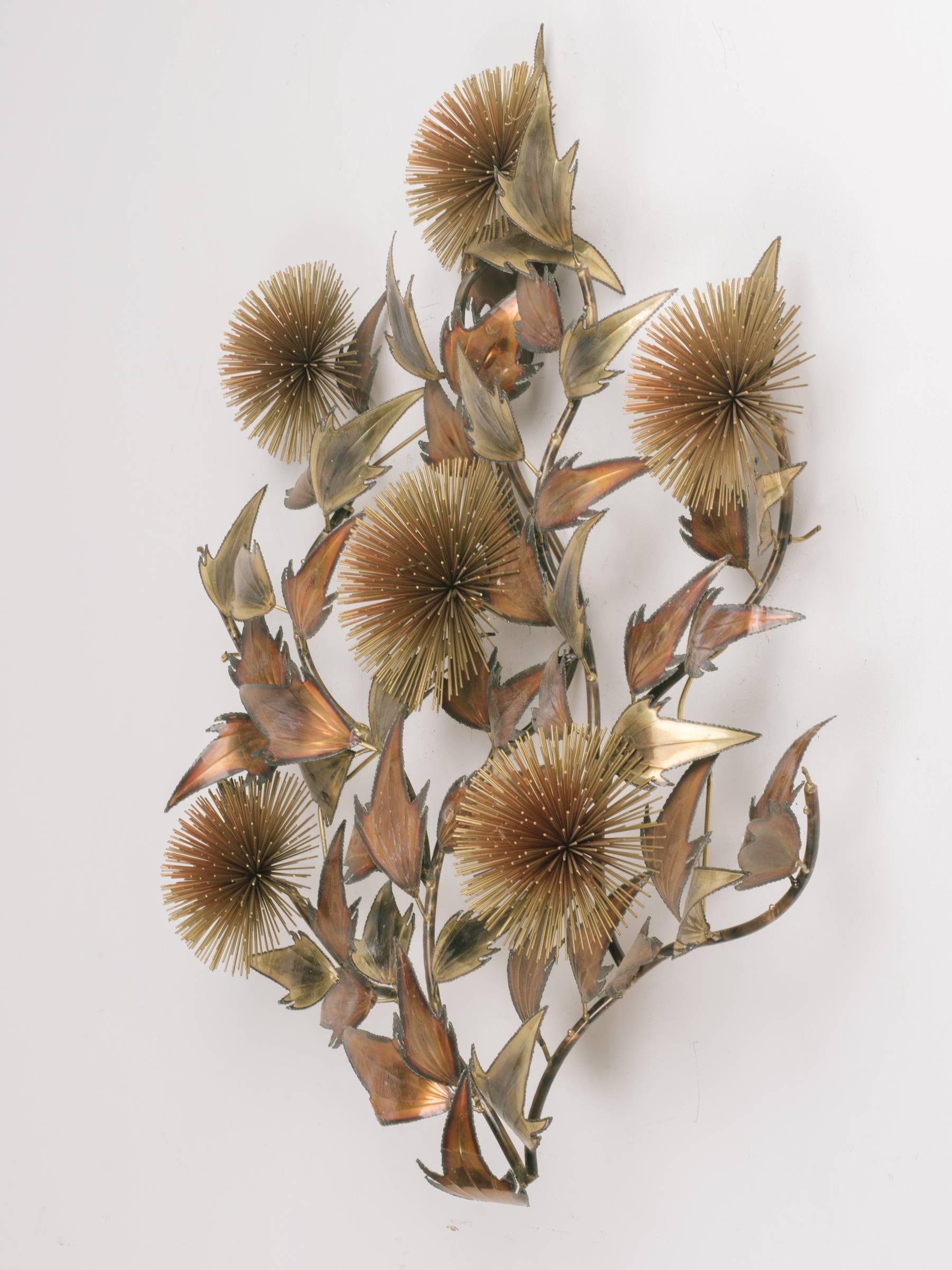 Midcentury Jere style brass and copper floral wall sculpture.