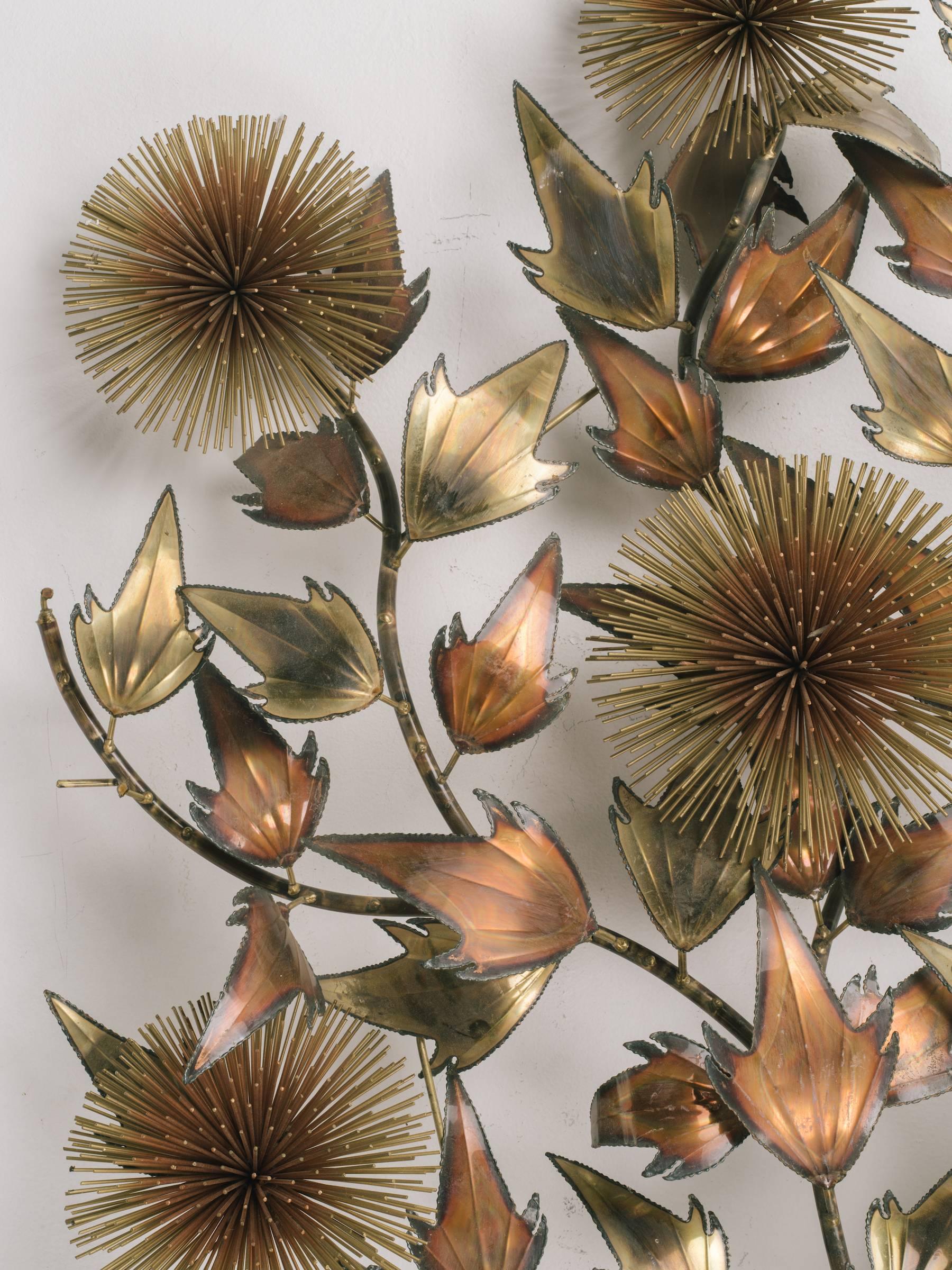 Midcentury Jere Style  Brass and Copper Floral Wall Sculpture In Fair Condition In Tarrytown, NY