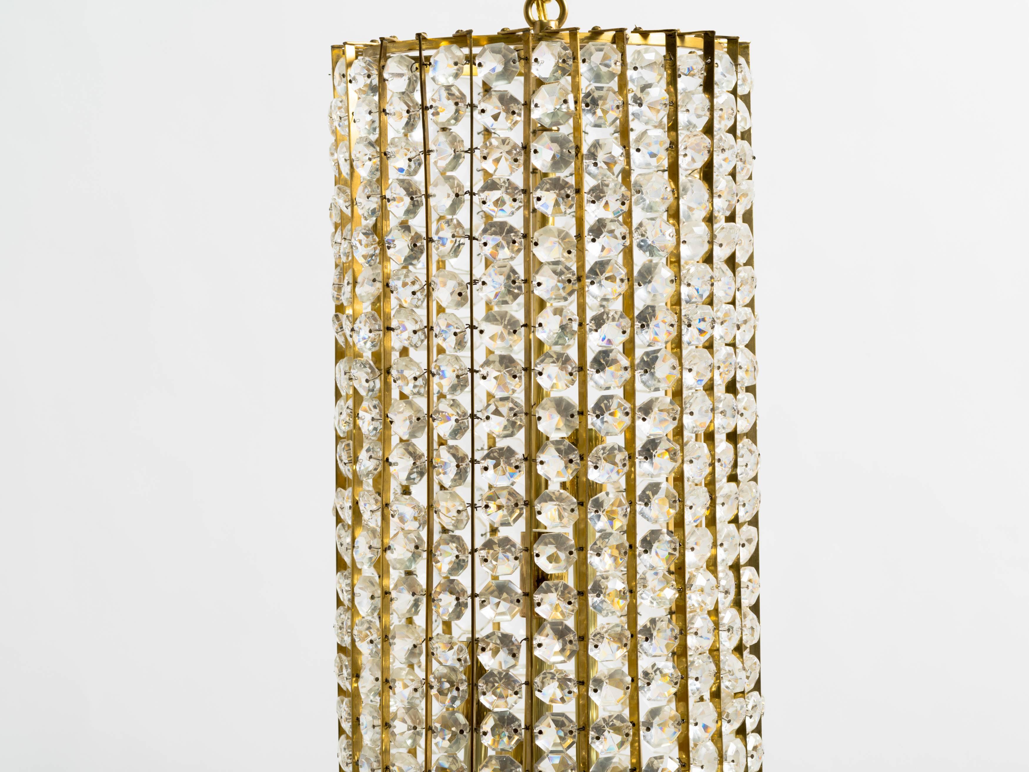 20th Century Midcentury Brass and Glass Cylindrical Chandelier