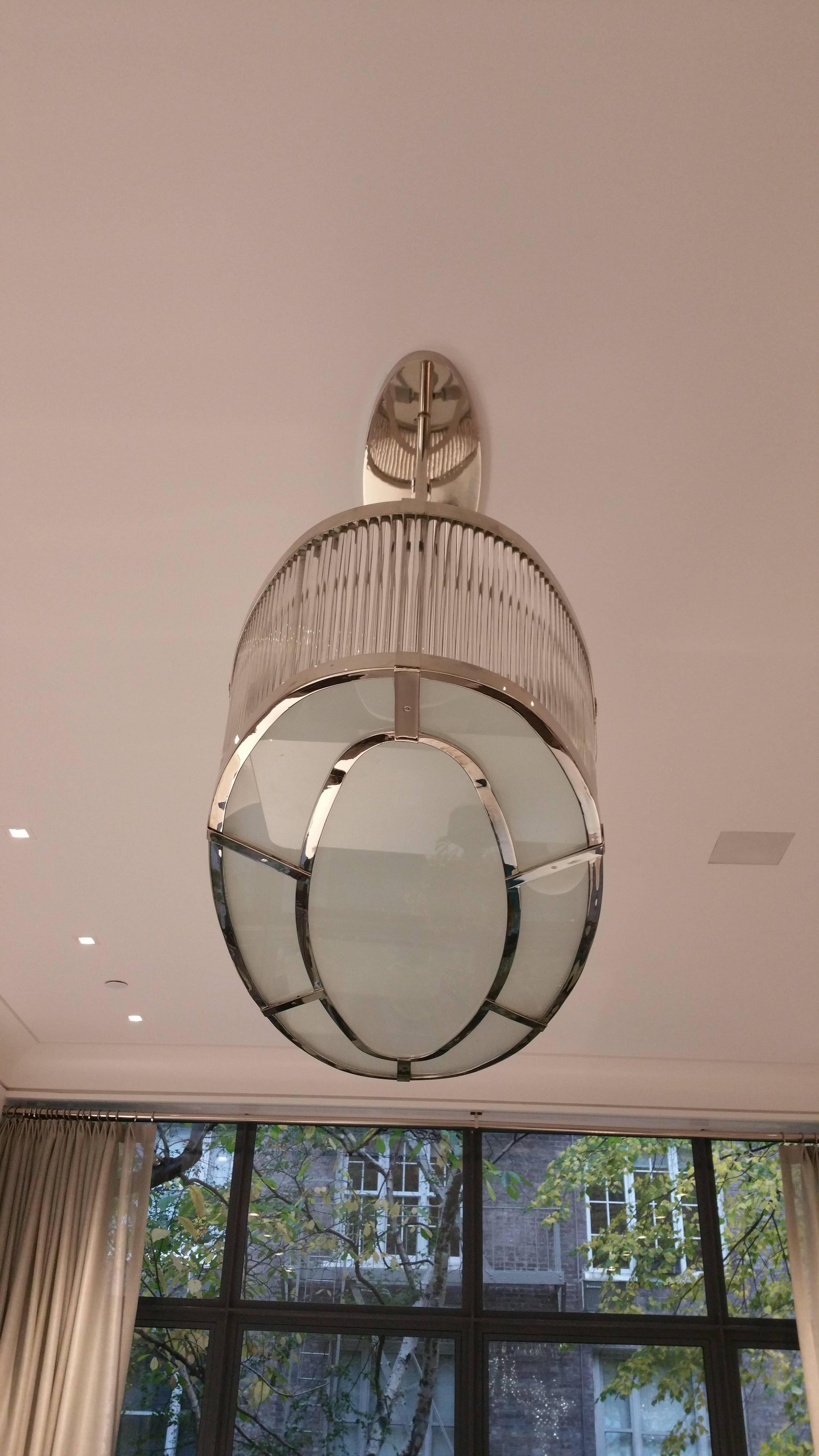 Brass Large Deco Nickel and Glass Oval Pendant