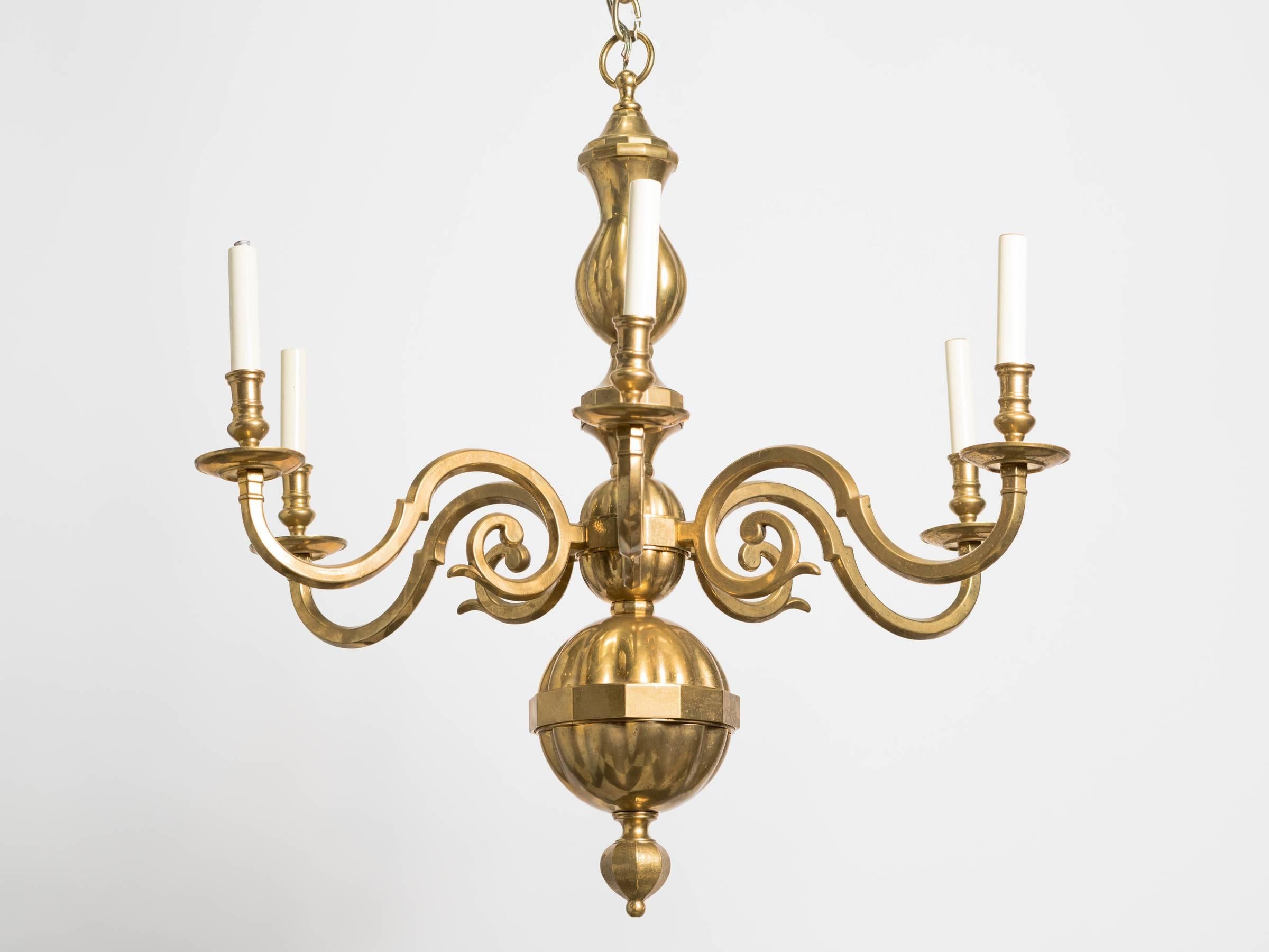 Traditional Solid Brass Six-Arm Chandelier In Good Condition In Tarrytown, NY