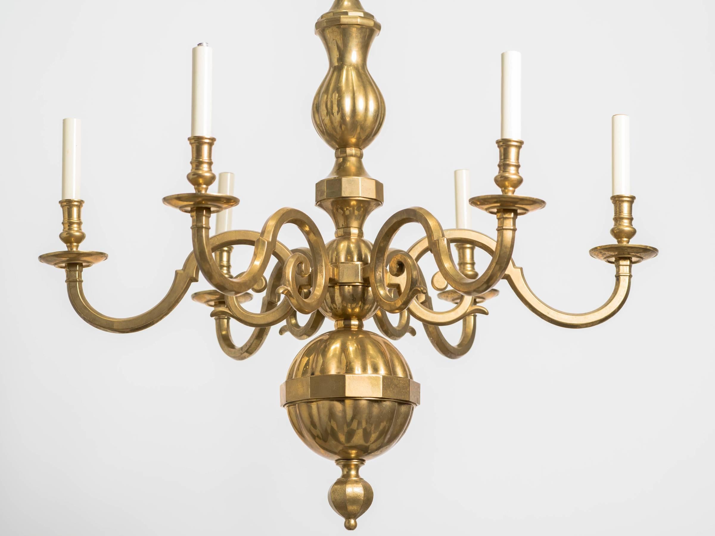 Mid-20th Century Traditional Solid Brass Six-Arm Chandelier