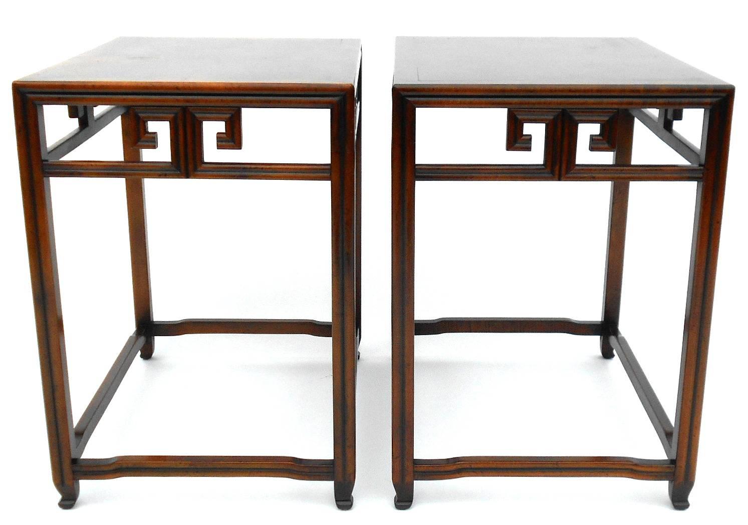 Burl Pair of Vintage Asian Style Signed Baker Side Tables