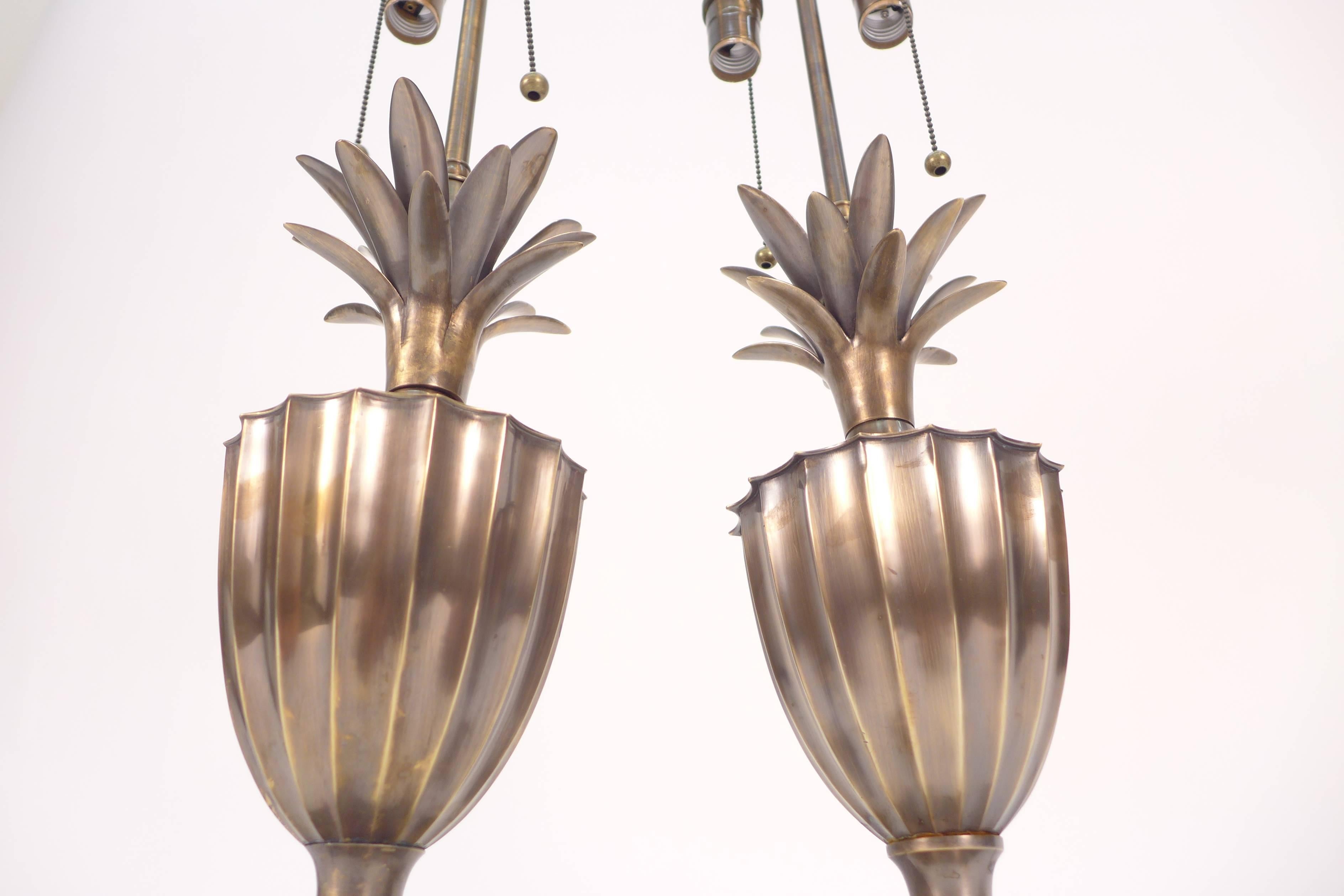 Patinated Pineapple Fluted Brass Table Lamps In Excellent Condition In Tarrytown, NY