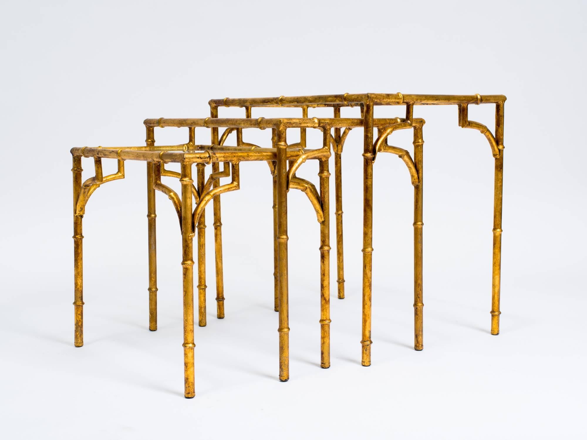 Set of Italian faux bamboo gilt metal nesting tables.