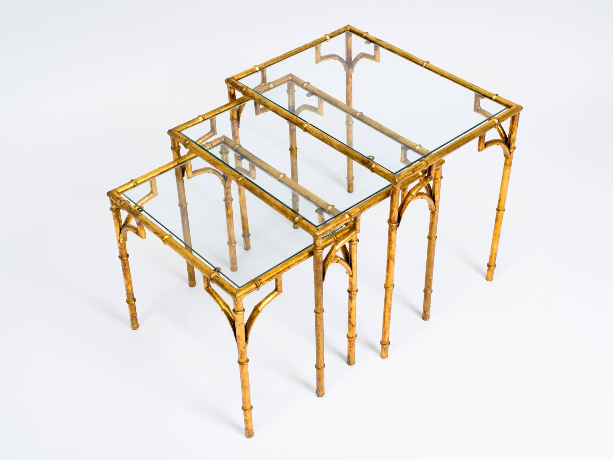 Chinese Chippendale Set of Italian Faux Bamboo Gilt Metal Nesting Tables