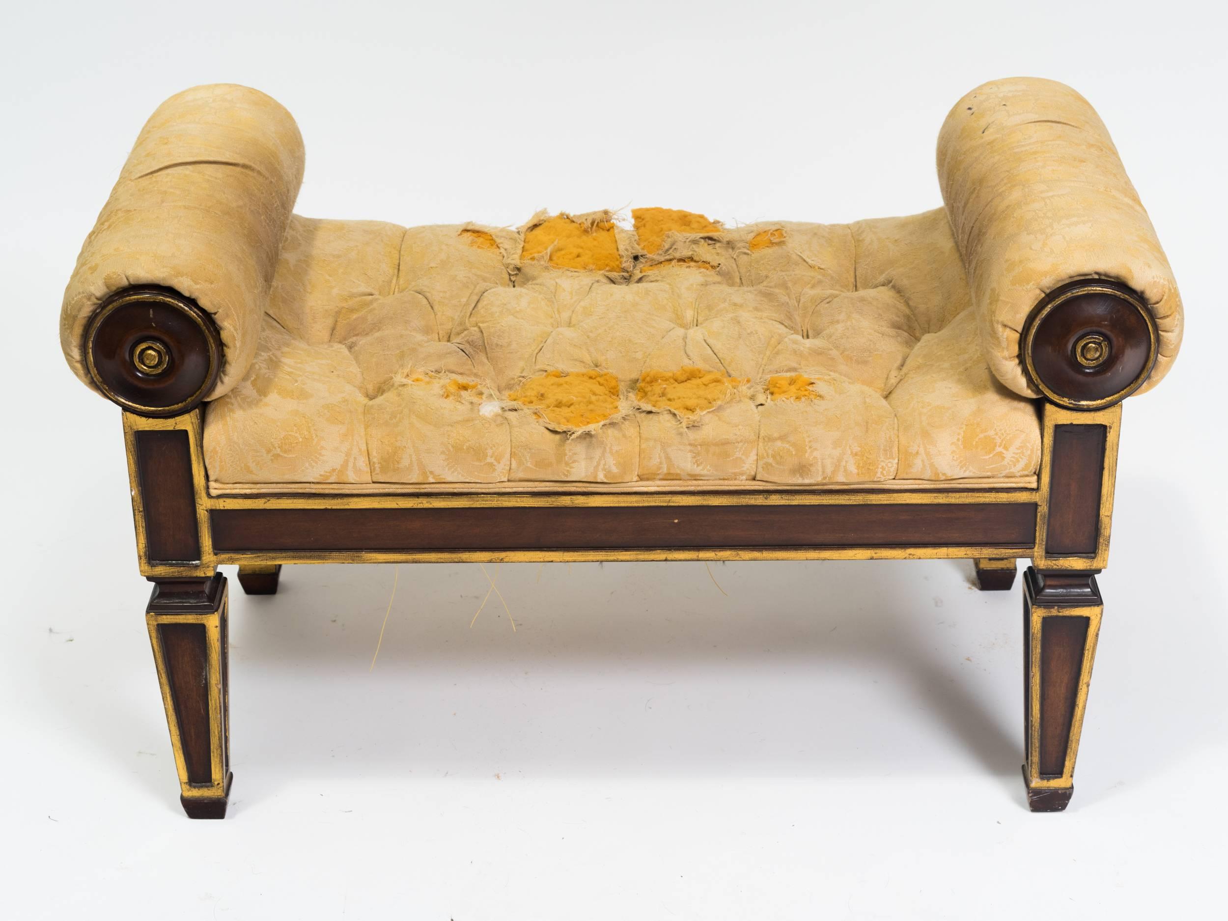 Stained 1920s Upholstered Bench