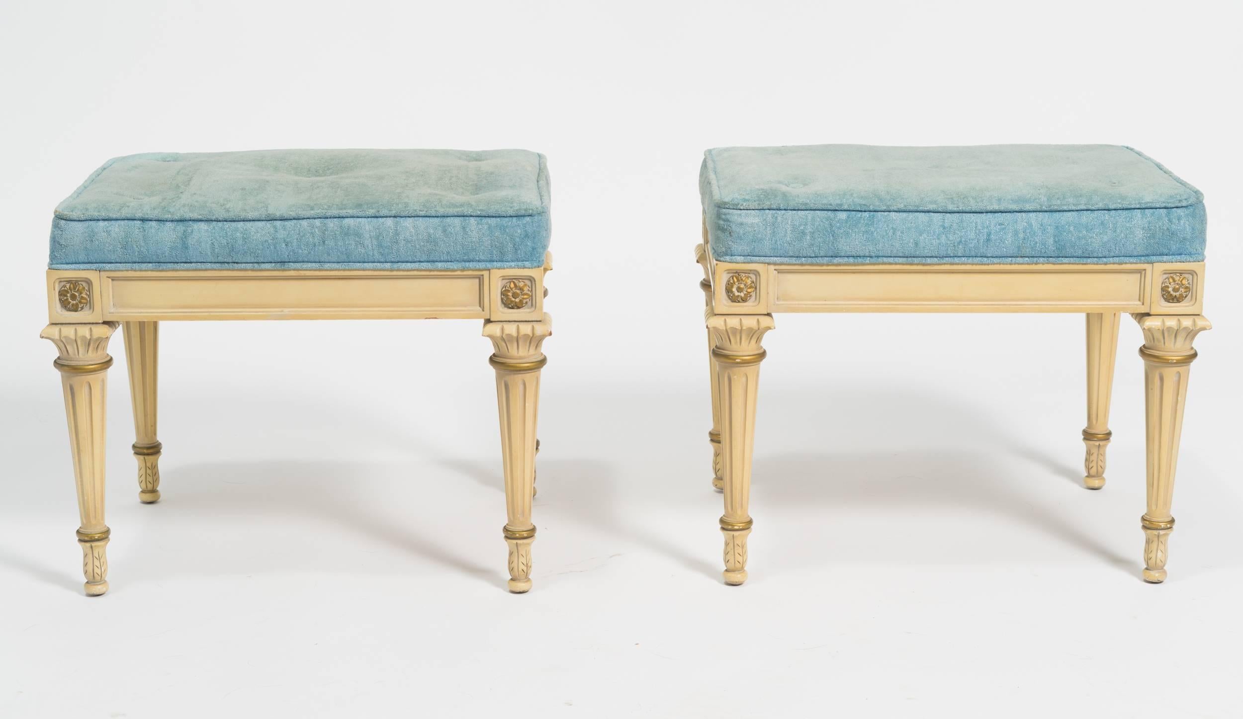 Pair of Regency style footstools. These benches need to be reupholstered. The fabric got damaged. They do not look like they do in the pictures.