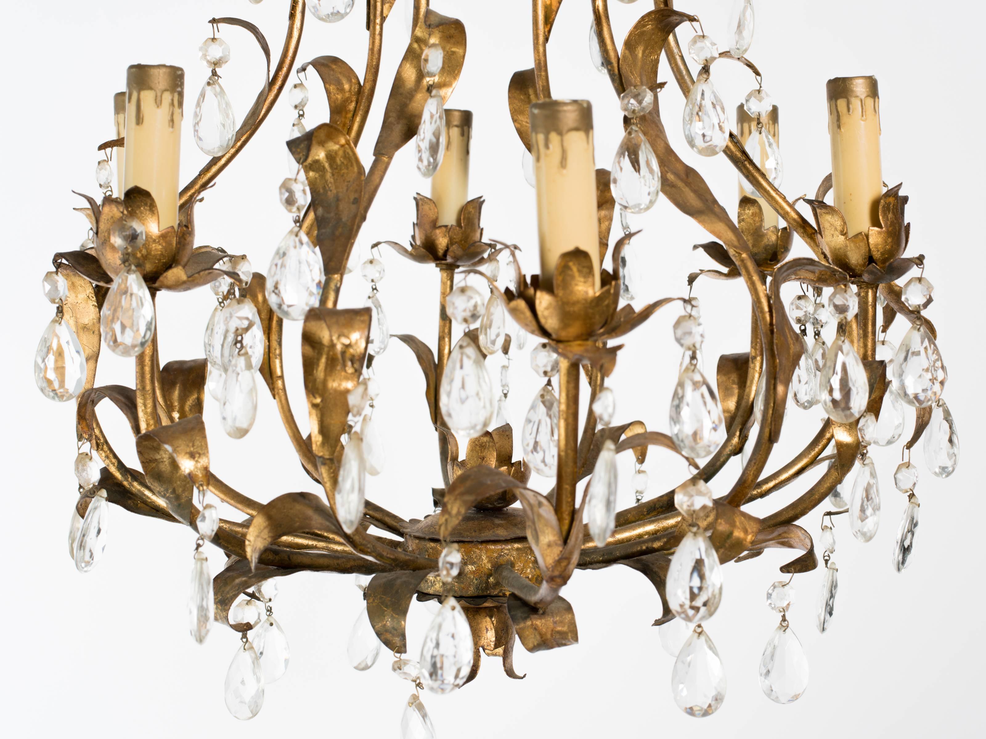 Gilt Metal and Crystal Chandelier In Good Condition For Sale In Tarrytown, NY