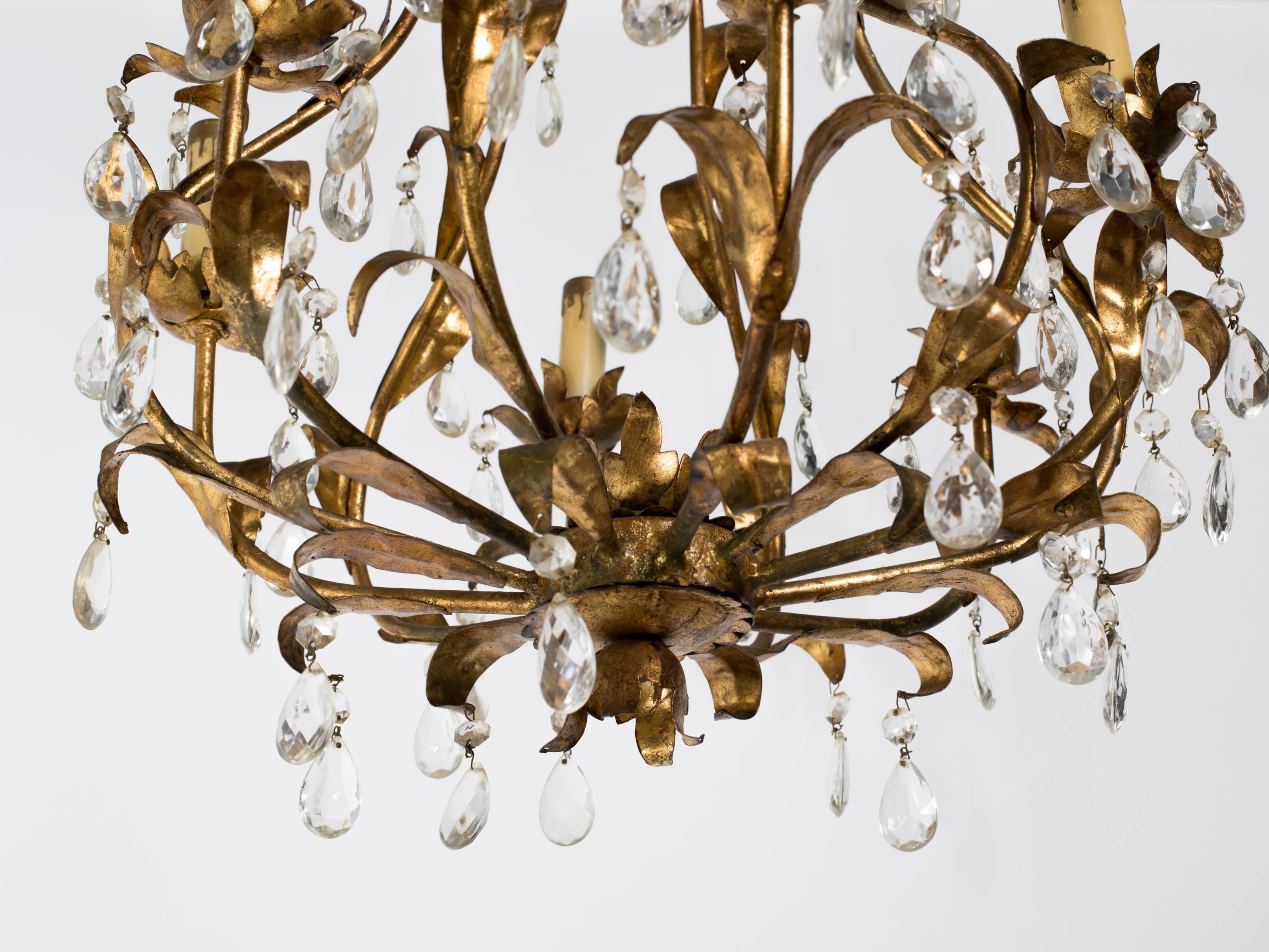 Mid-20th Century Gilt Metal and Crystal Chandelier For Sale