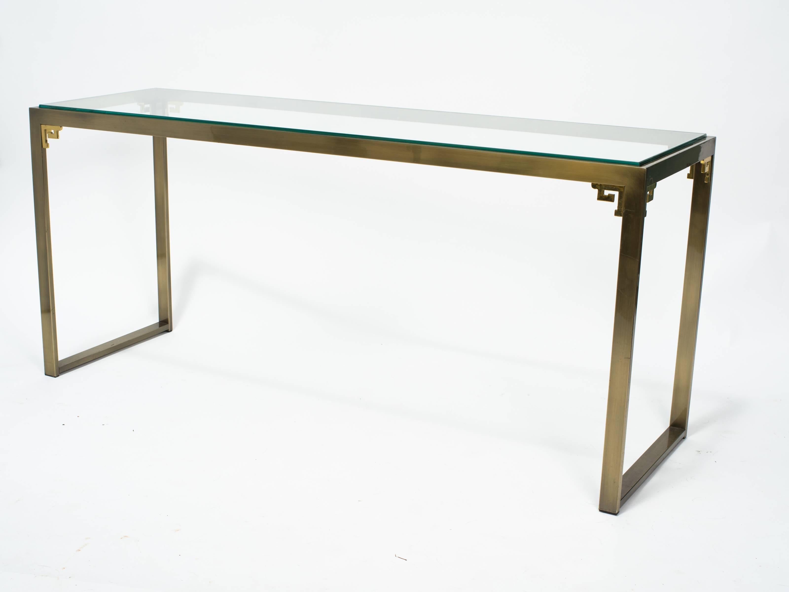 Greek key brass console table by Design Institute of America.