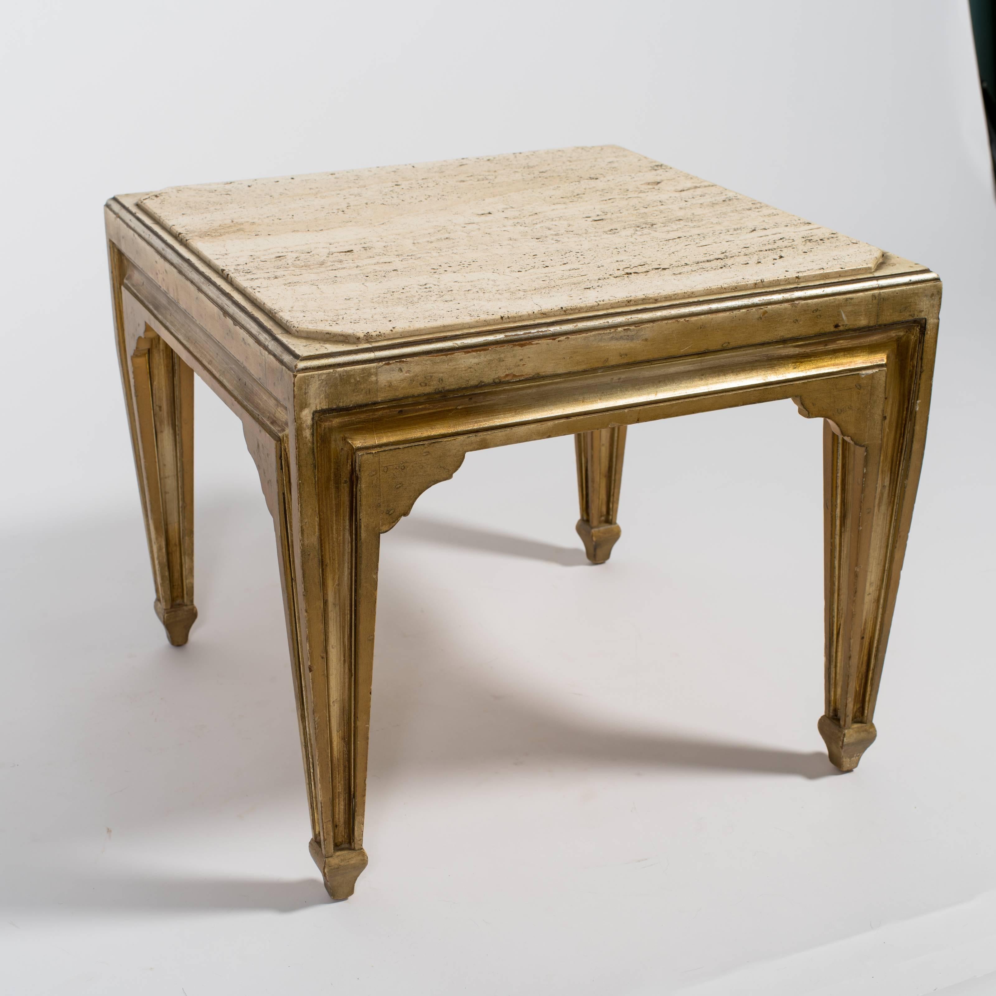 Italian silvered wood and travertine side tables.
