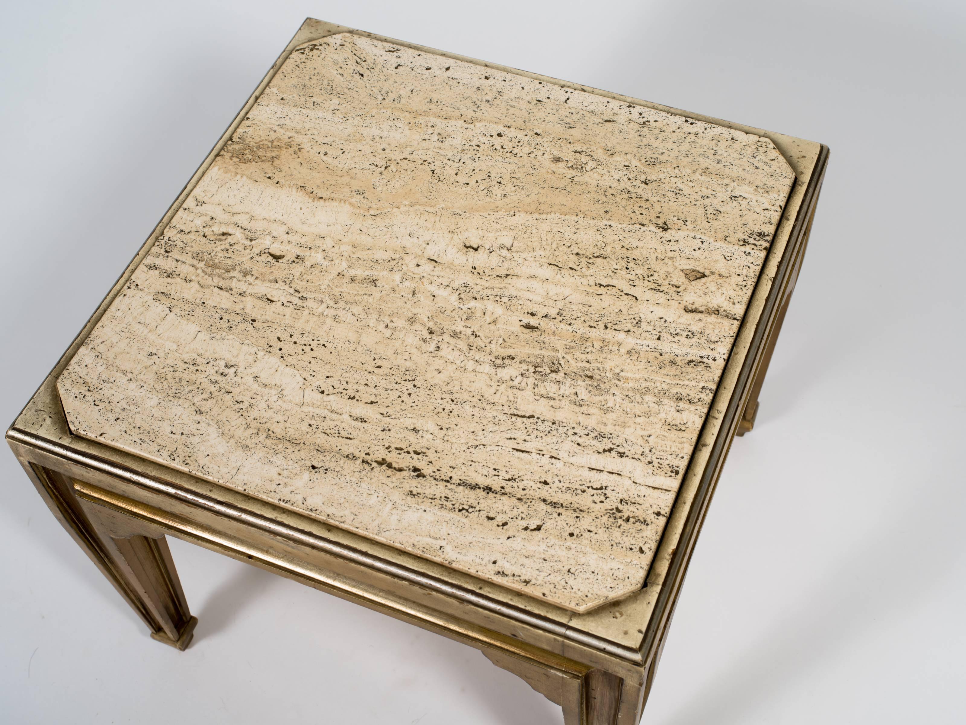 Italian Travertine and Silvered Wood Side Tables In Good Condition In Tarrytown, NY