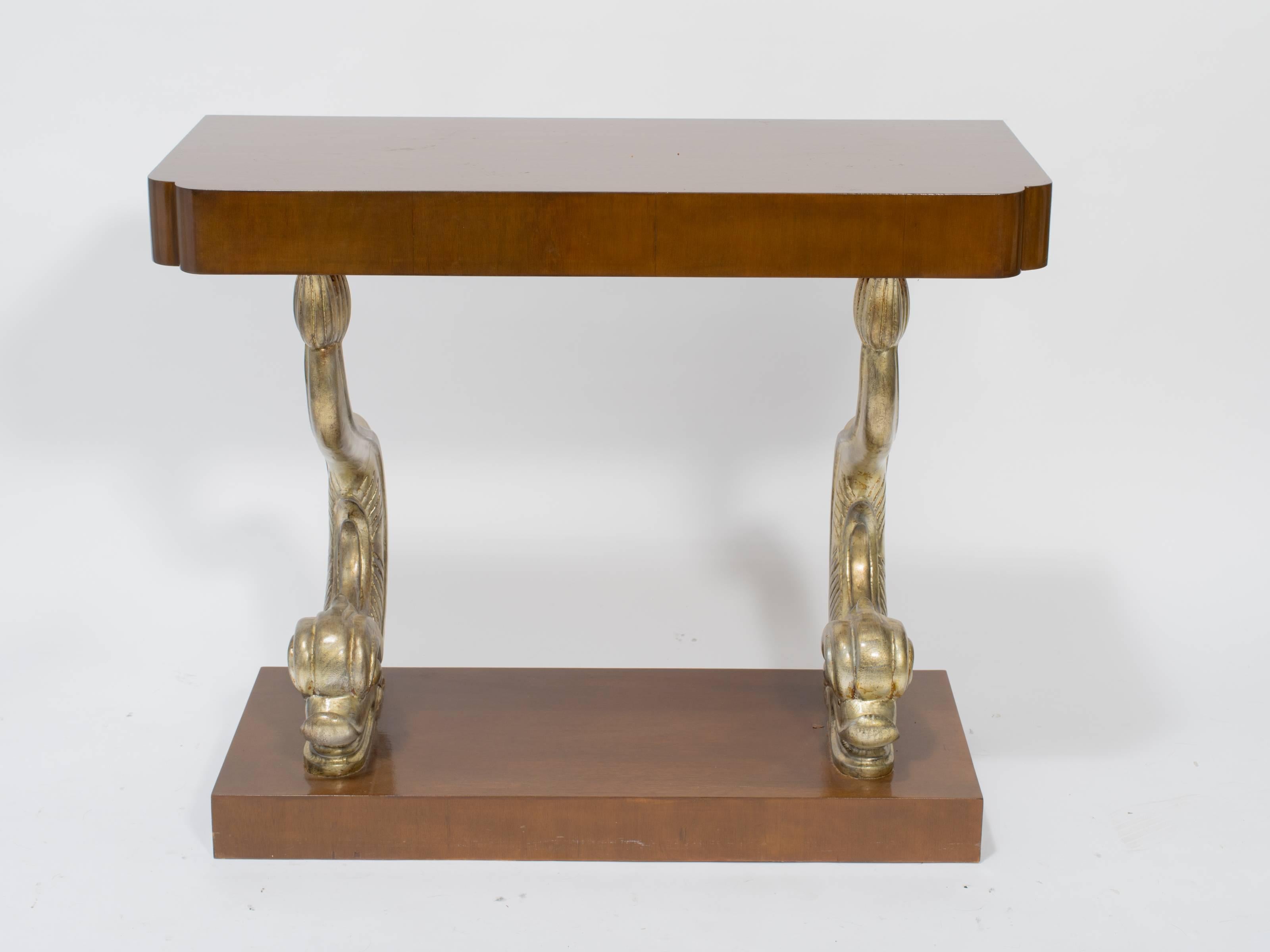 1940s Art Deco wood dolphin console table.