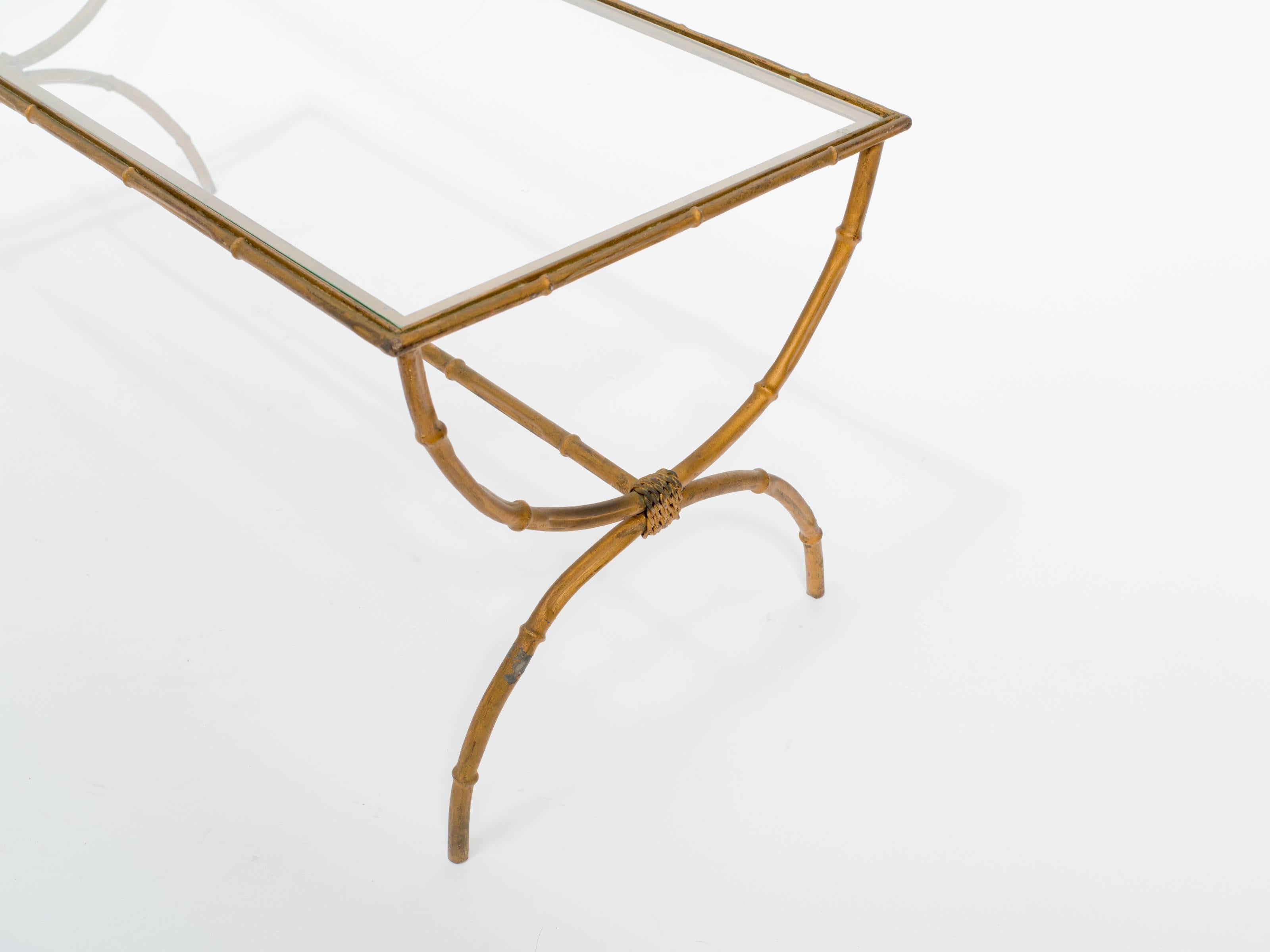 Hollywood Regency Gilt Metal Faux Bamboo Coffee Table
